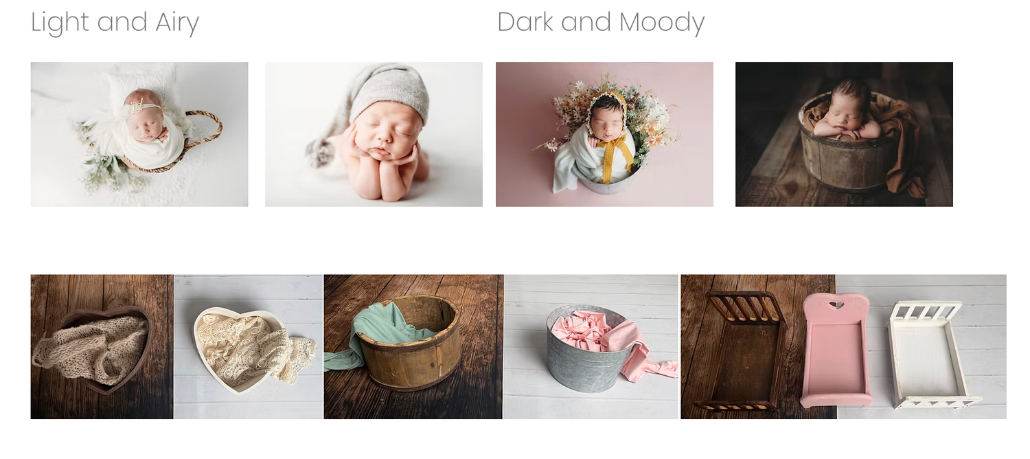Newborn photography style comparison showing light and airy versus dark and moody editing styles.