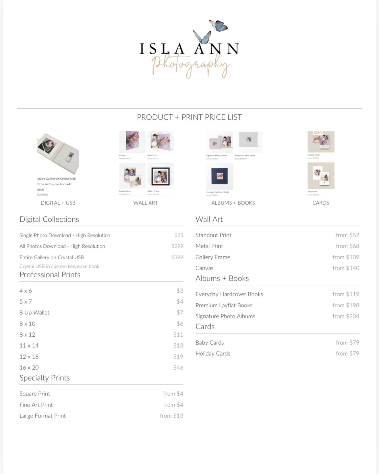 Isla Ann Photography product and print price list featuring digital collections, wall art, albums, books, and cards with pricing.