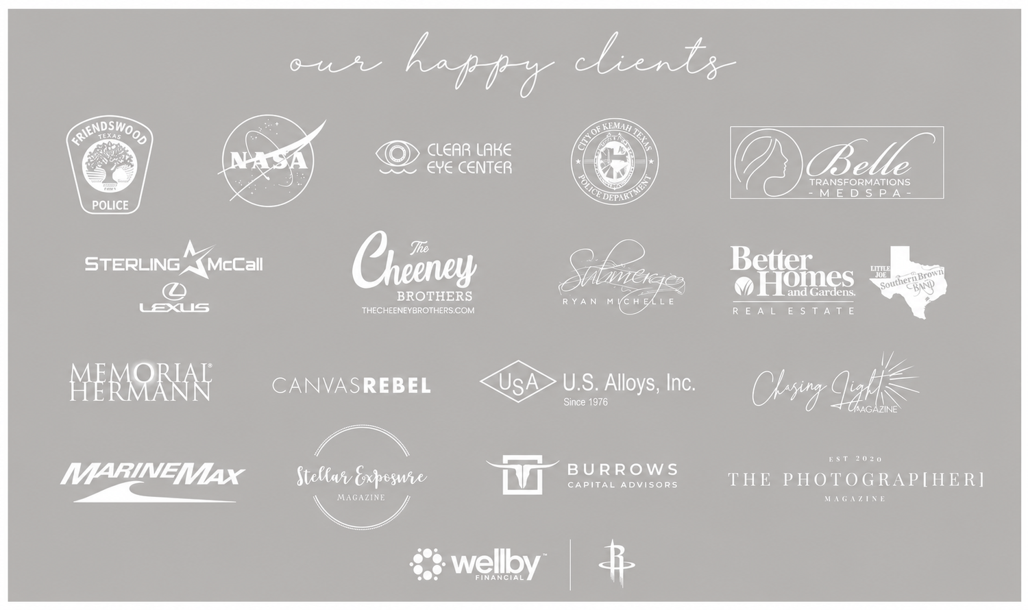 Gray branded client logo wall featuring NASA, MarineMax, Memorial Hermann and other companies.