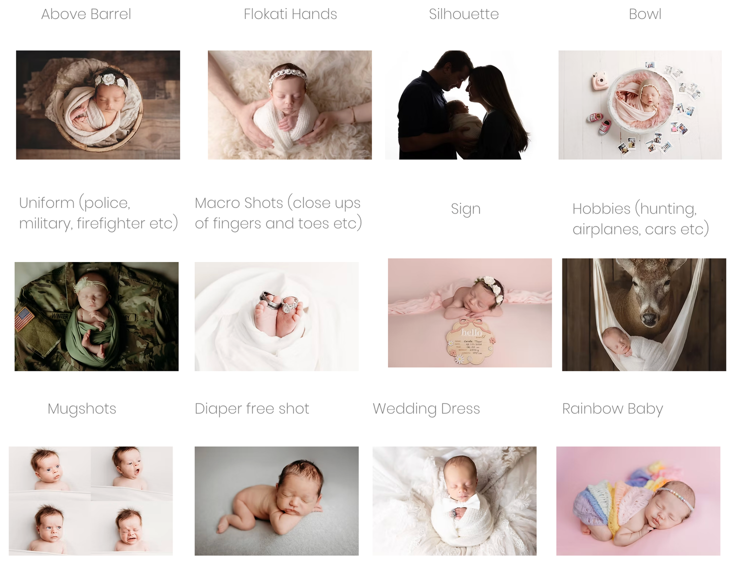 Newborn photography pose guide showing options like bowl, sign, mugshots, and wedding dress setups.