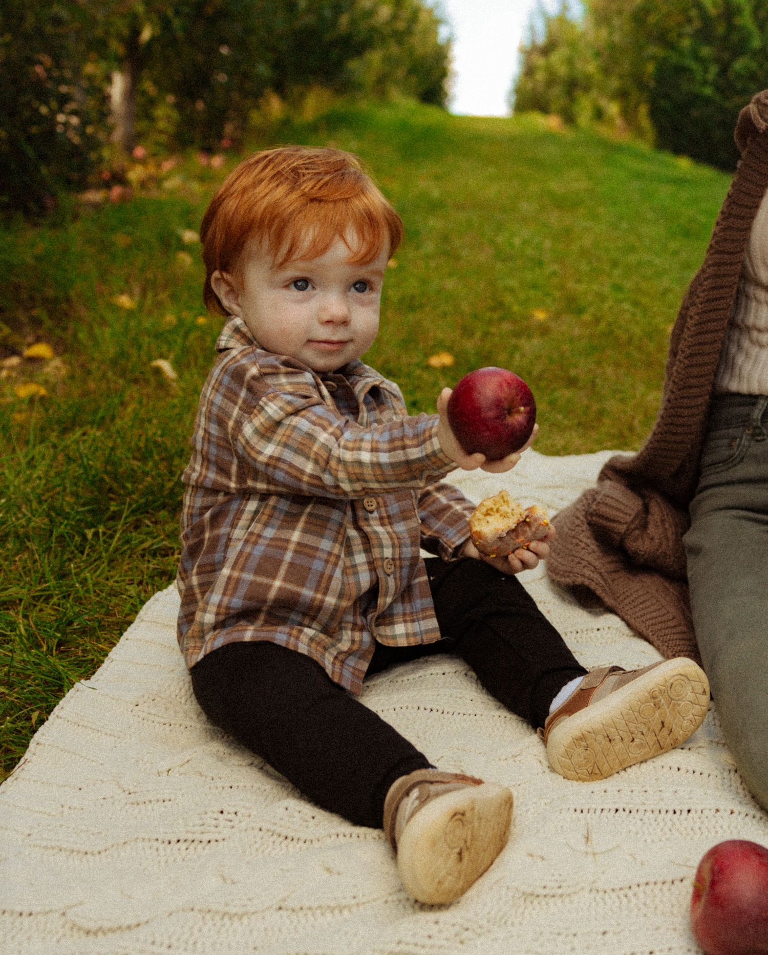 Red-haired toddler in plaid shirt sits on blanket at apple orchard picnic, holding a red apple outdoors.