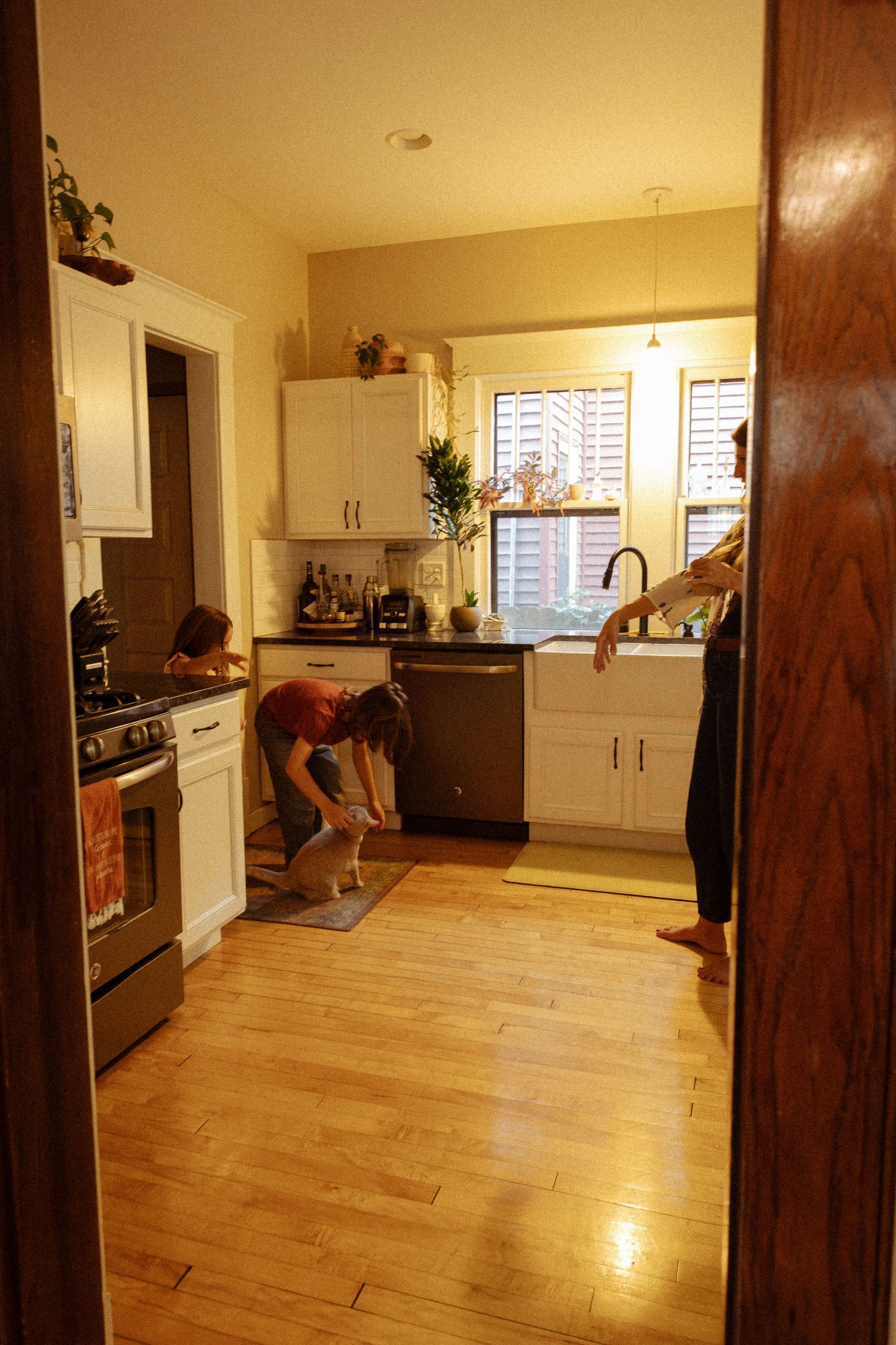 Seen through a doorway, a bright kitchen with hardwood floors where a child bends toward a cat and a woman stands at the sink.