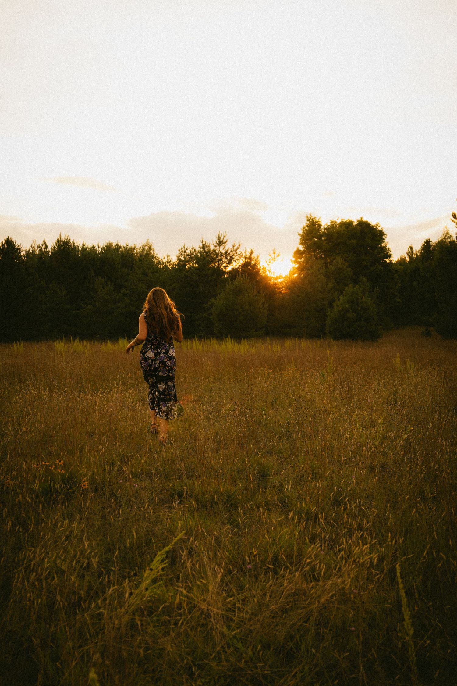 Woman in floral dress walking through golden meadow at sunset with trees in background.