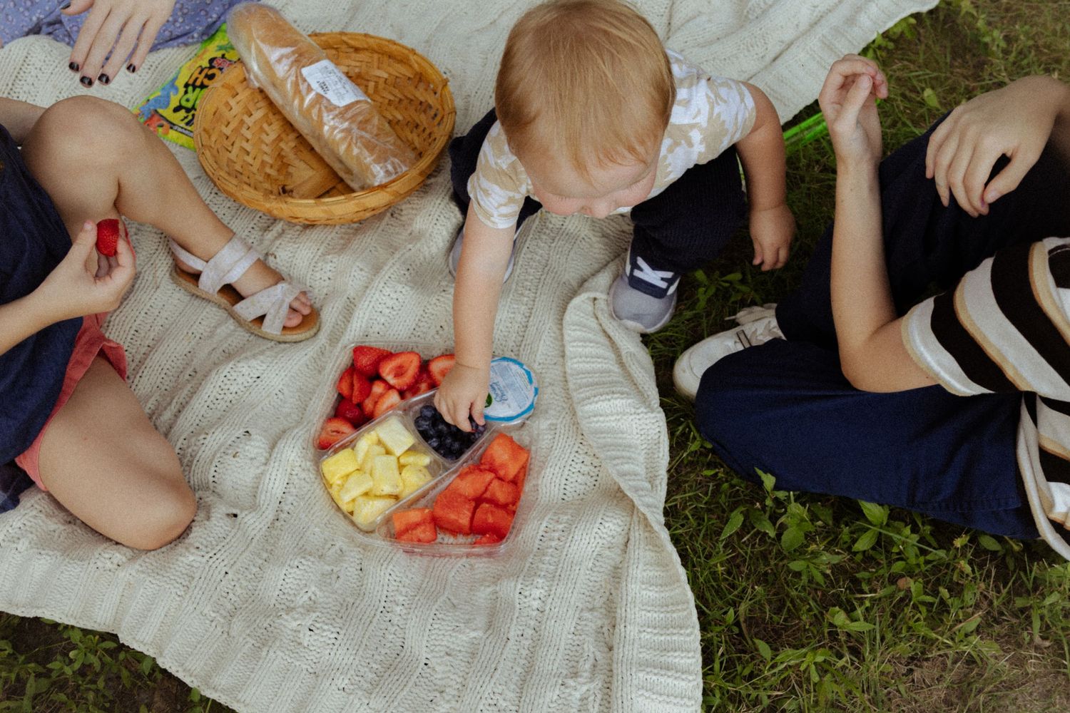 A baby reaches for fresh fruit at an outdoor picnic on a blanket with family members seated around a basket of bread.