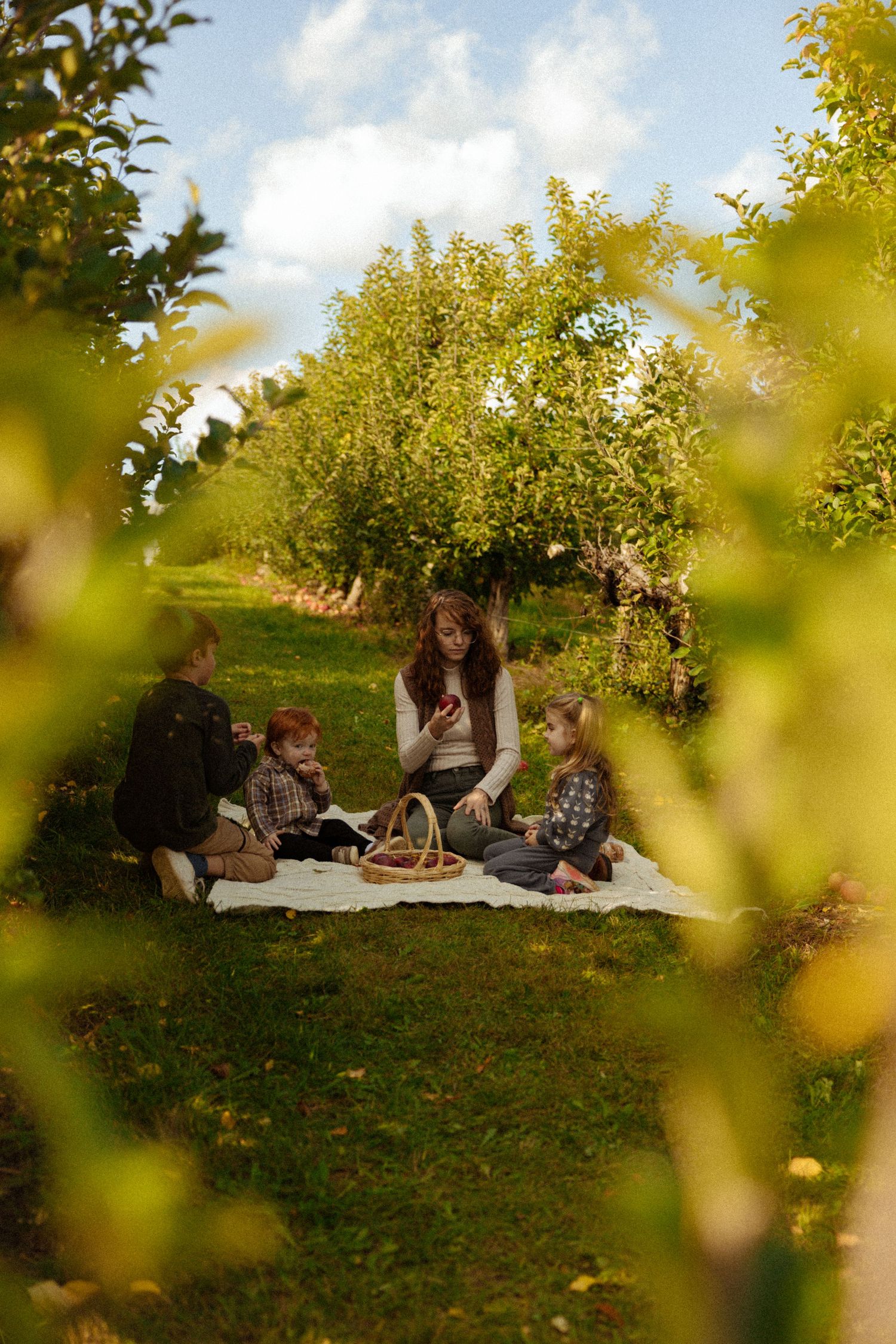 Family enjoying a picnic on a blanket in a lush apple orchard on a sunny day.