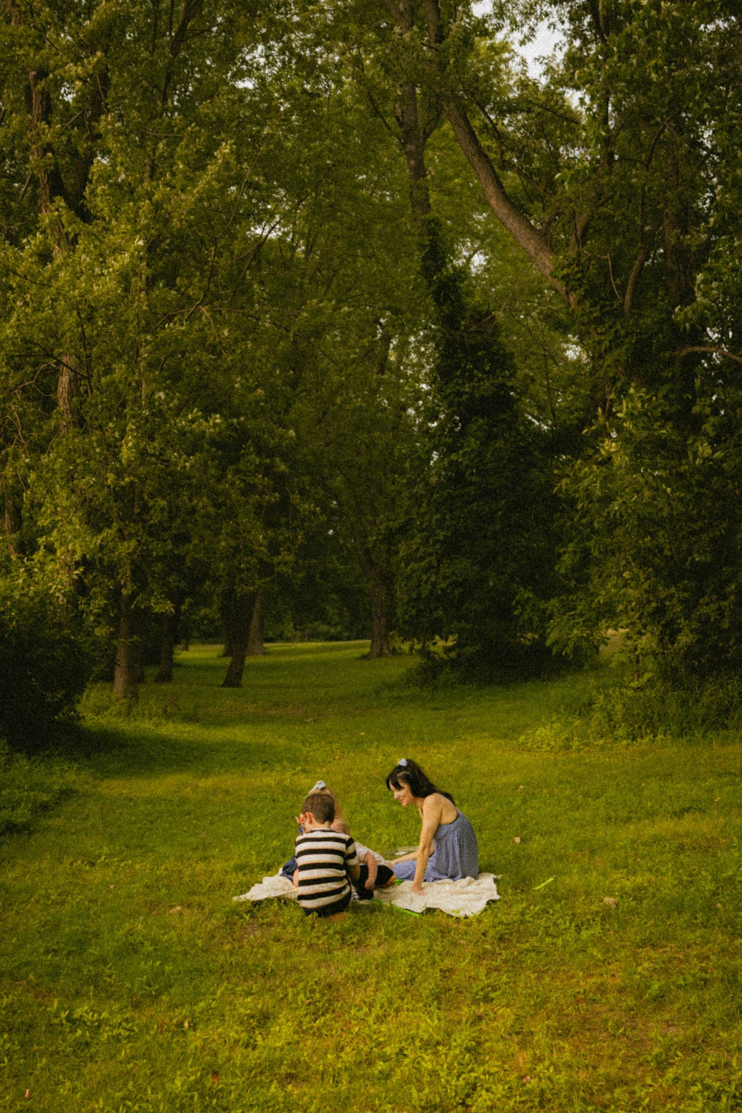 Mother and child enjoying a sunny picnic on green grass in a lush park surrounded by tall trees.