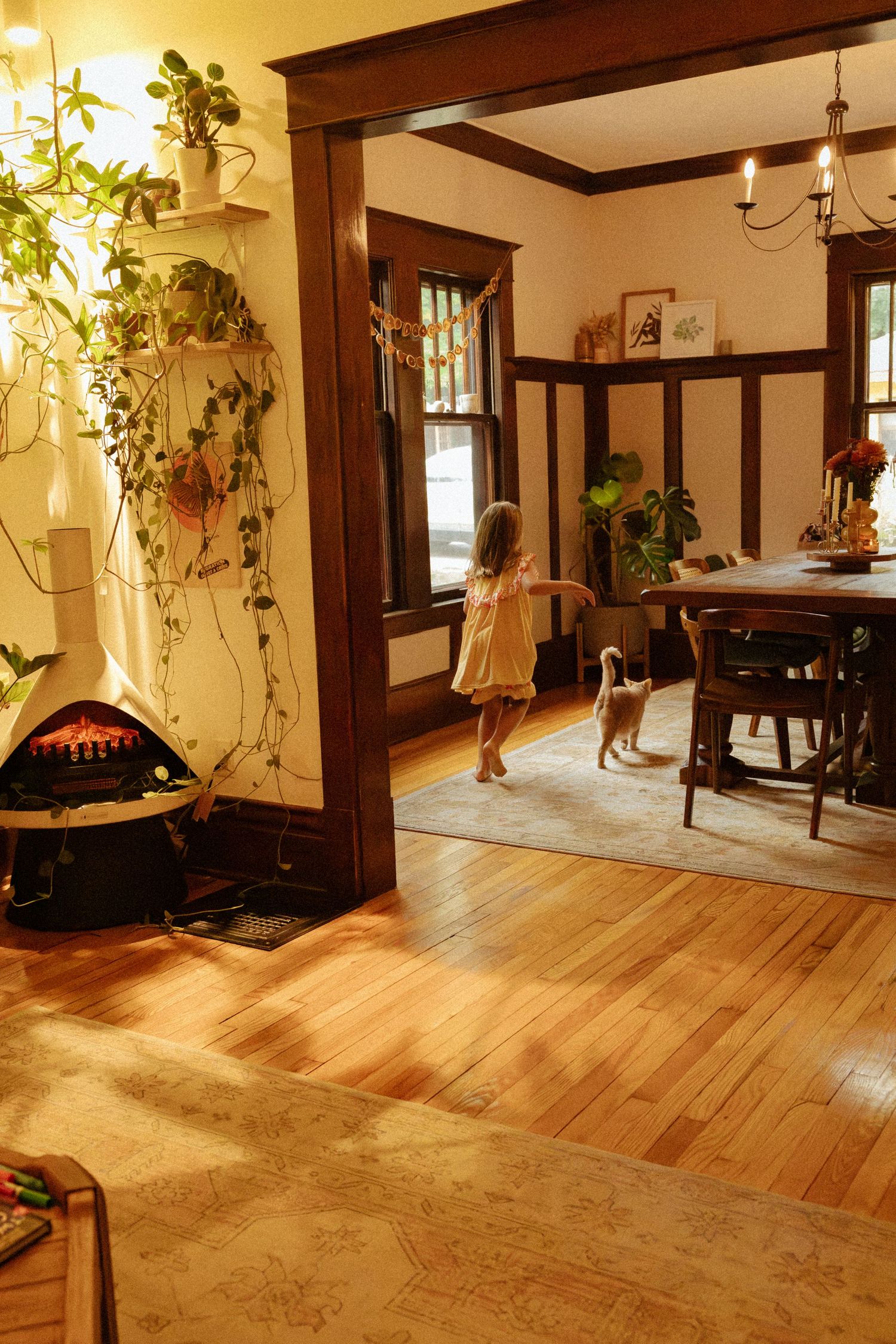 Young girl in a yellow dress walks across sunlit hardwood floors toward a cat in a cozy dining room with plants and a fireplace.