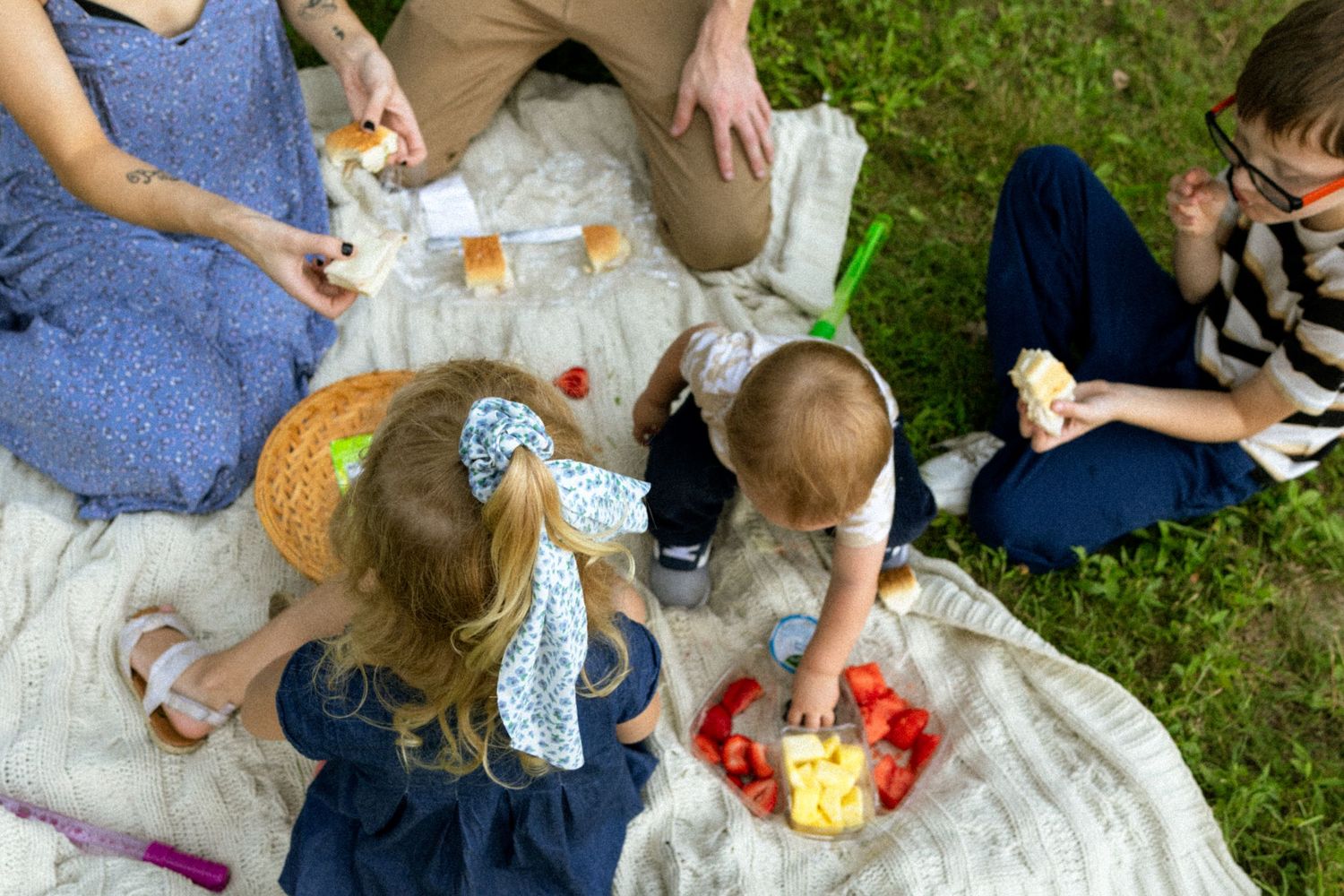 Overhead view of family picnic with children eating fresh fruit and sandwiches on a blanket.