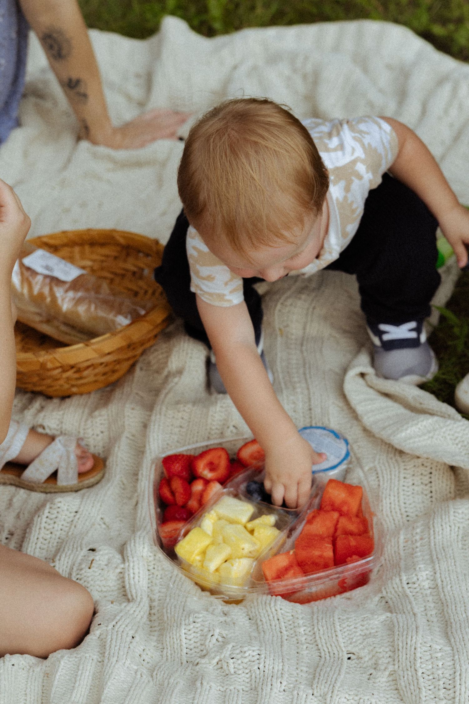 Toddler reaching for fresh fruit slices including watermelon and pineapple in a container during an outdoor picnic.