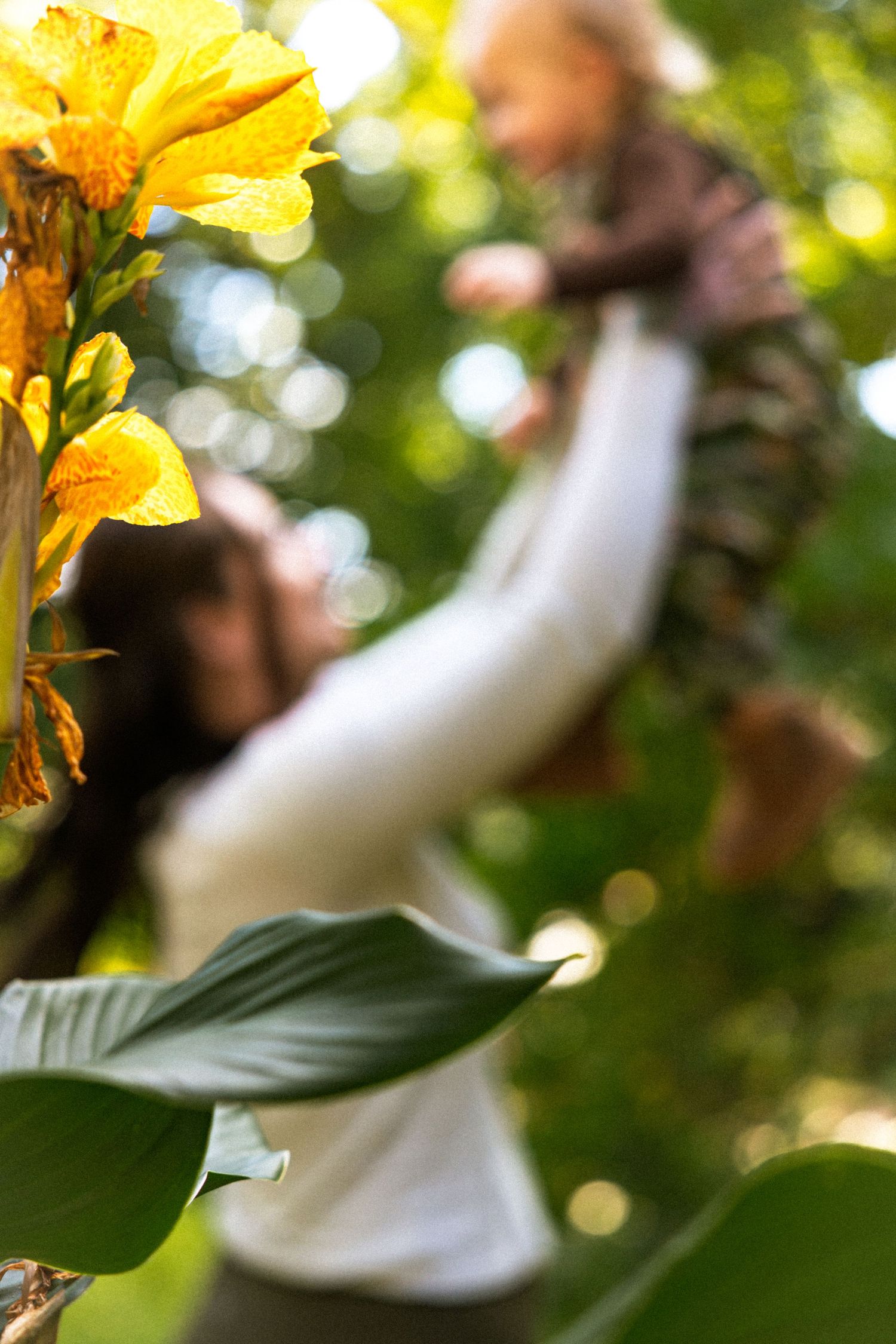 Mother joyfully lifting her baby outdoors, with vibrant yellow canna flowers in the foreground and lush green foliage.