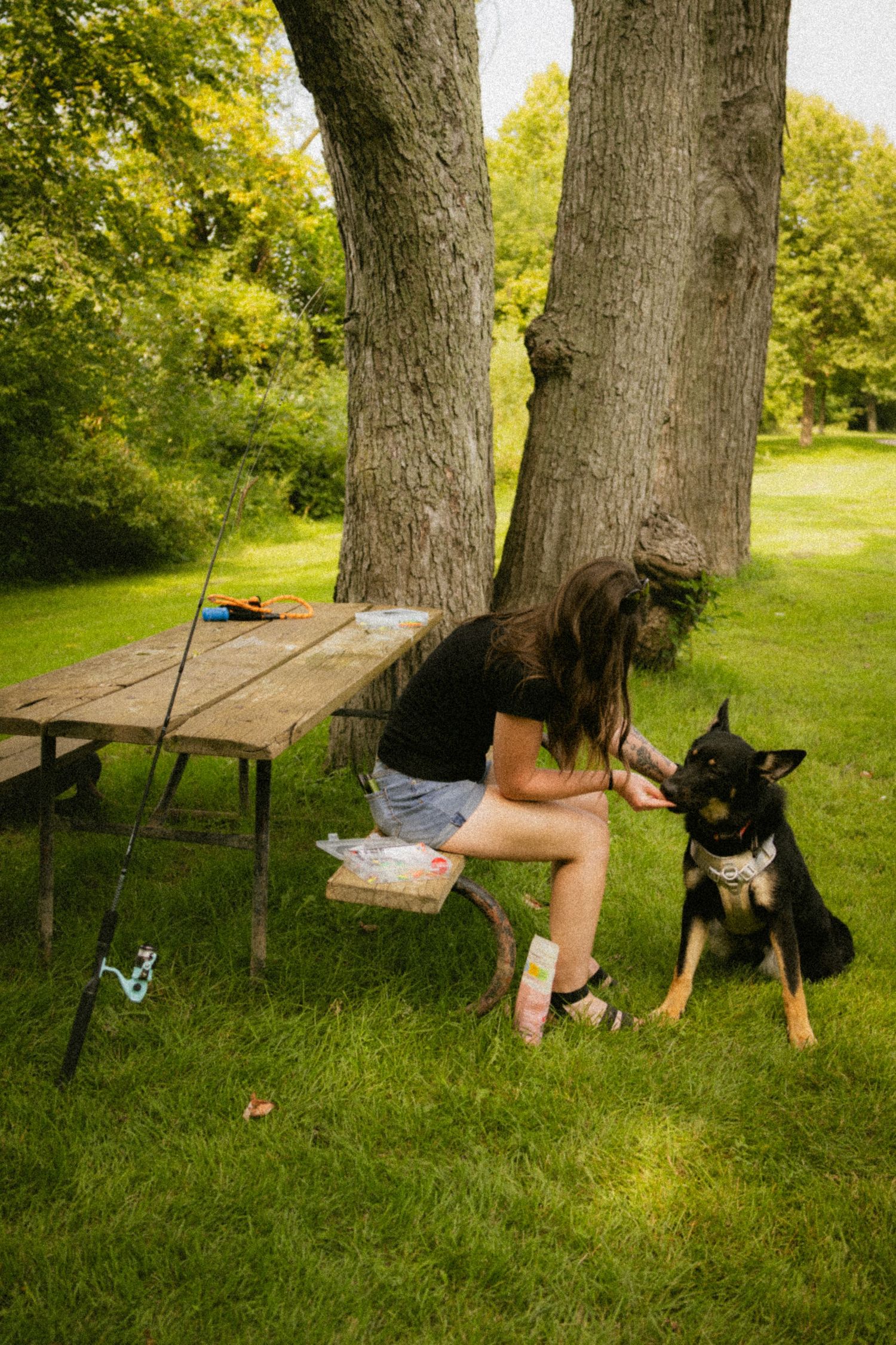 A young woman sits at a rustic picnic table petting her black and tan dog in a lush green park.