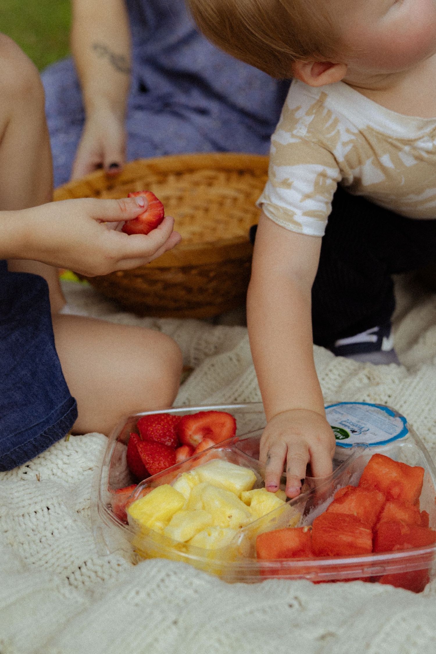 Baby reaching for fresh fruit slices including watermelon, pineapple, and strawberries at a picnic.