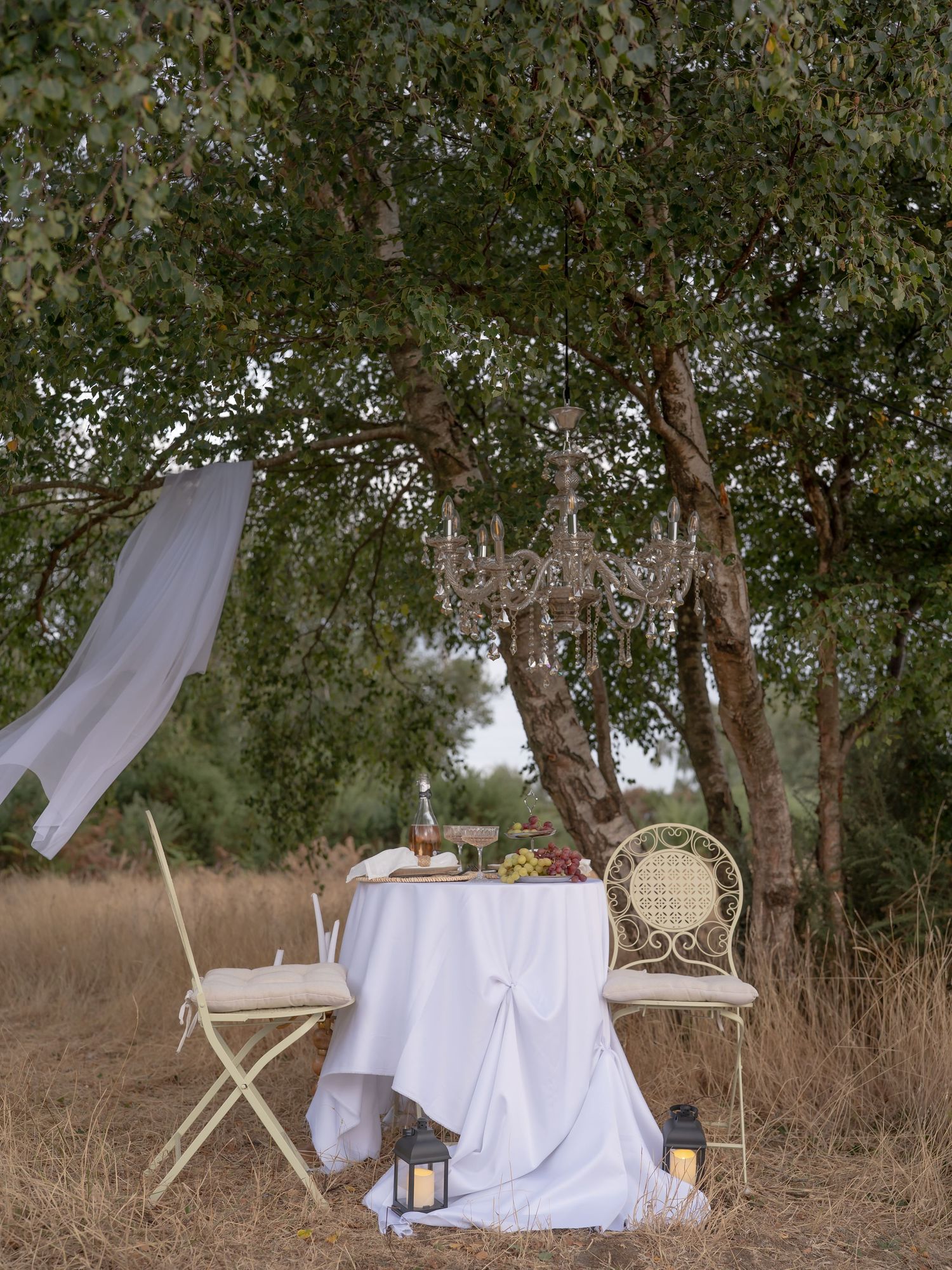 Romantic outdoor dining setup with white tablecloth, crystal chandelier, and elegant chairs under trees in a field.