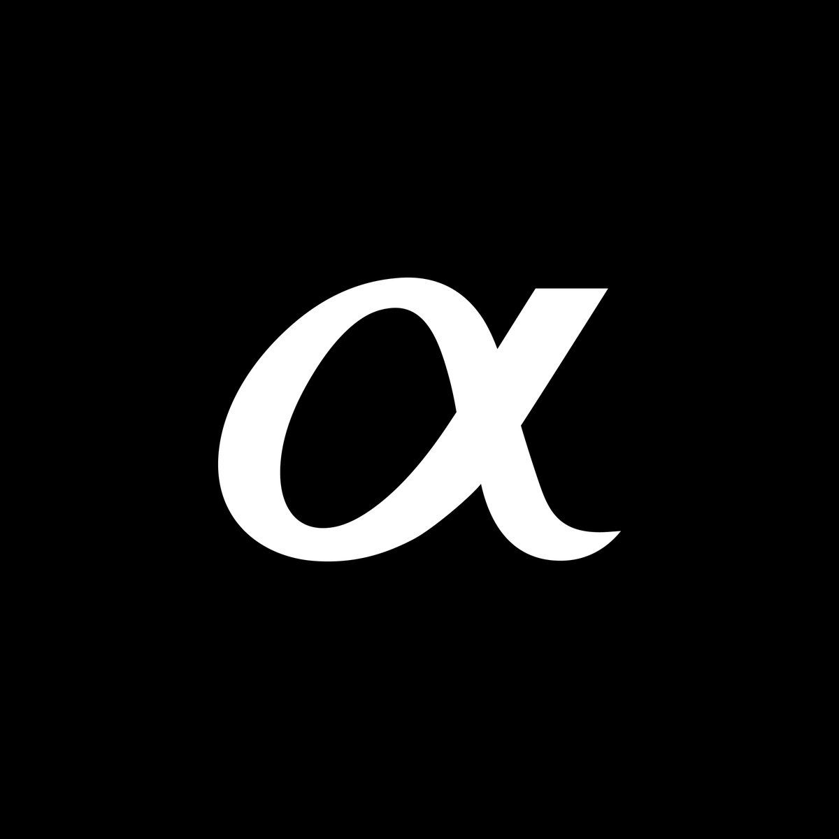 White Sony Alpha camera brand logo on black background.