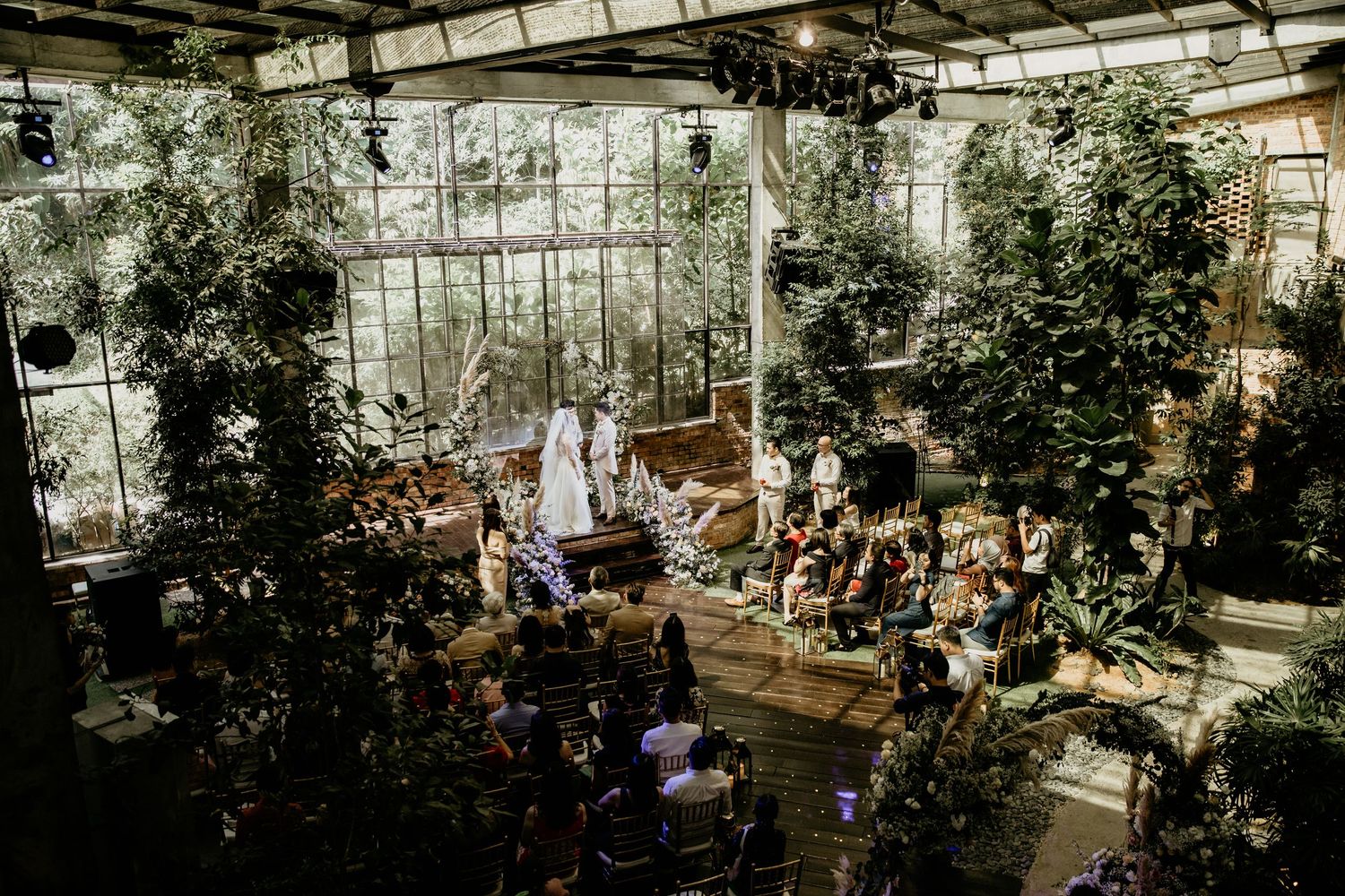 Aerial view of intimate greenhouse wedding ceremony surrounded by lush tropical plants and seated guests.