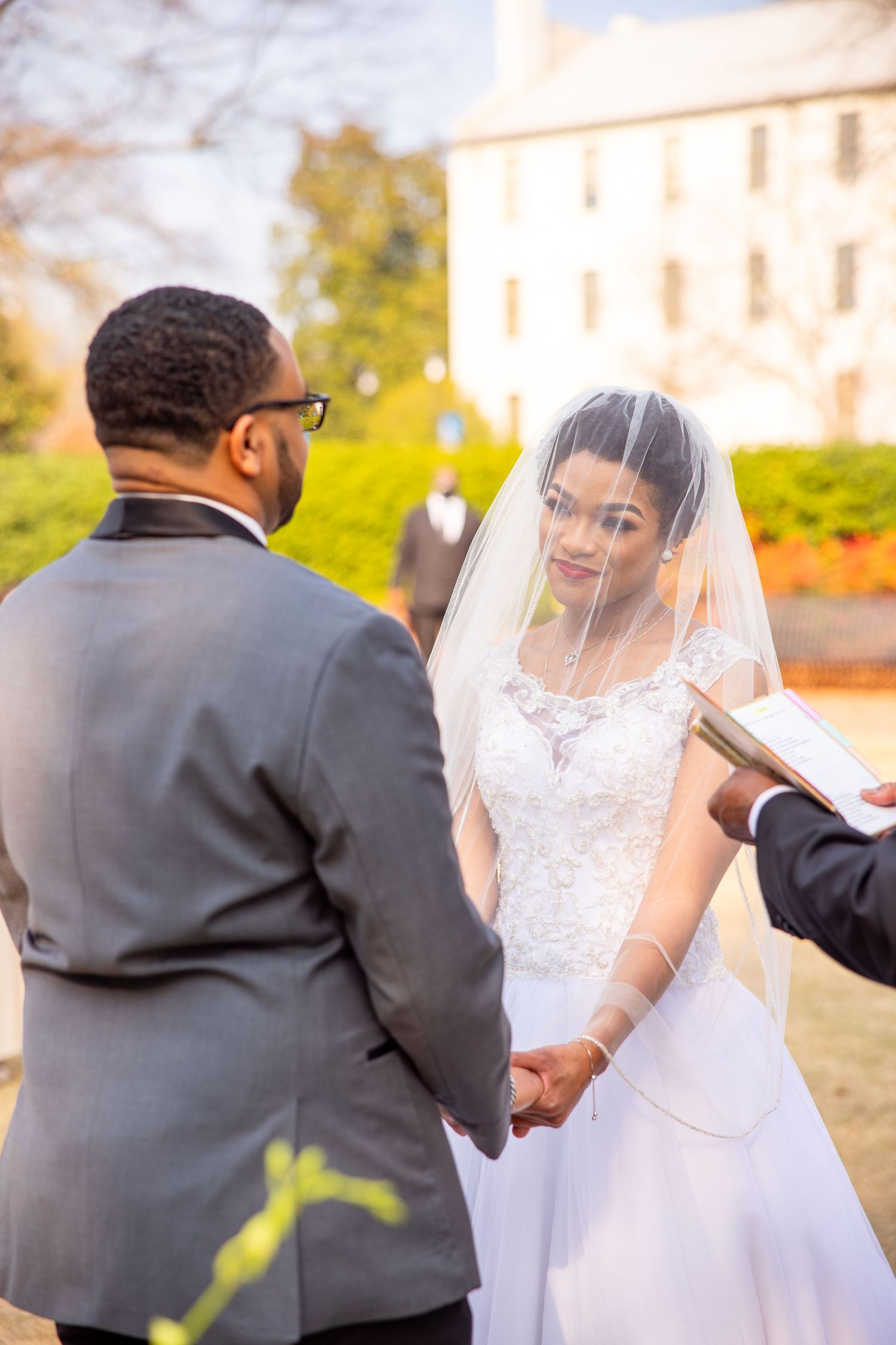 A series of candid moments captured during an outdoor wedding ceremony.