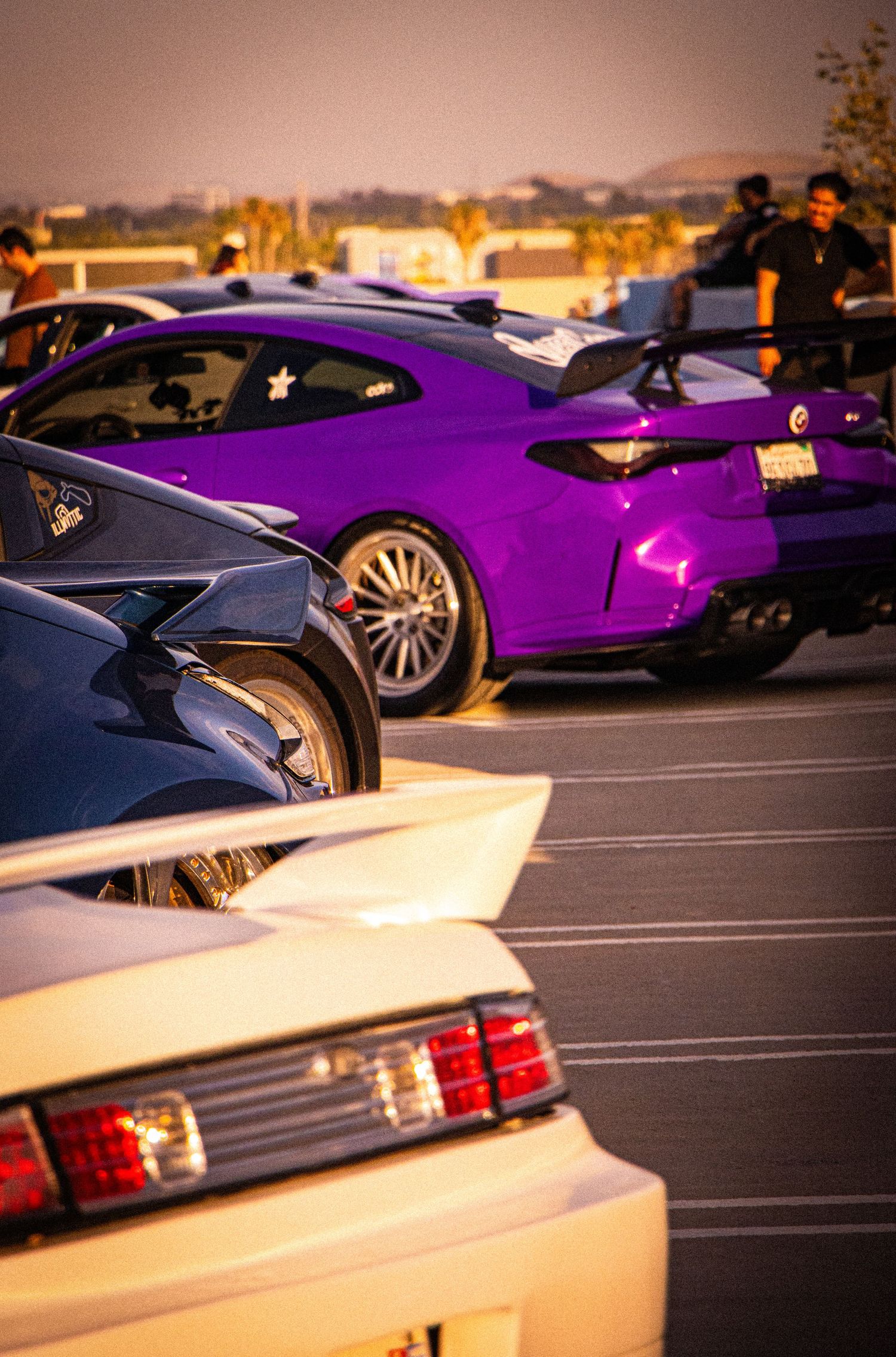 Purple sports car parked in a lot surrounded by other modified cars at a car meet during golden hour.
