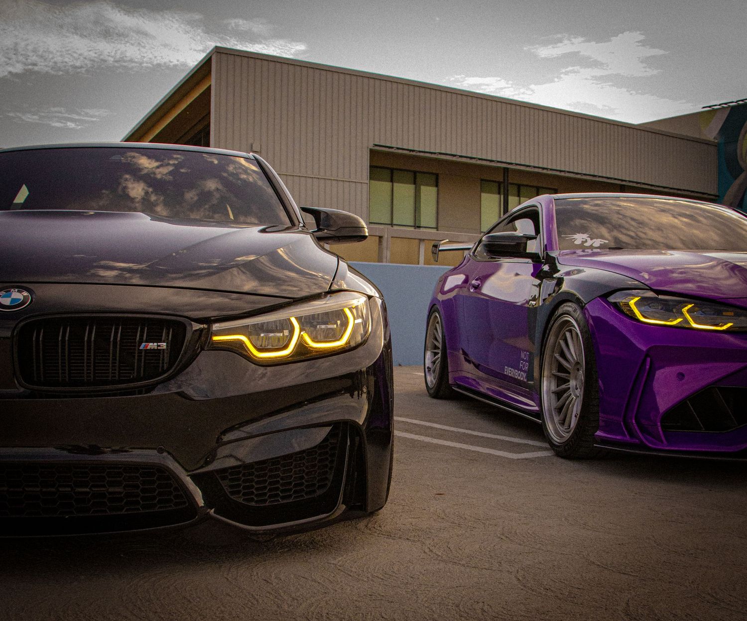 Two BMW M cars, one matte black and one vivid purple, parked side by side showing off custom widebody styling.