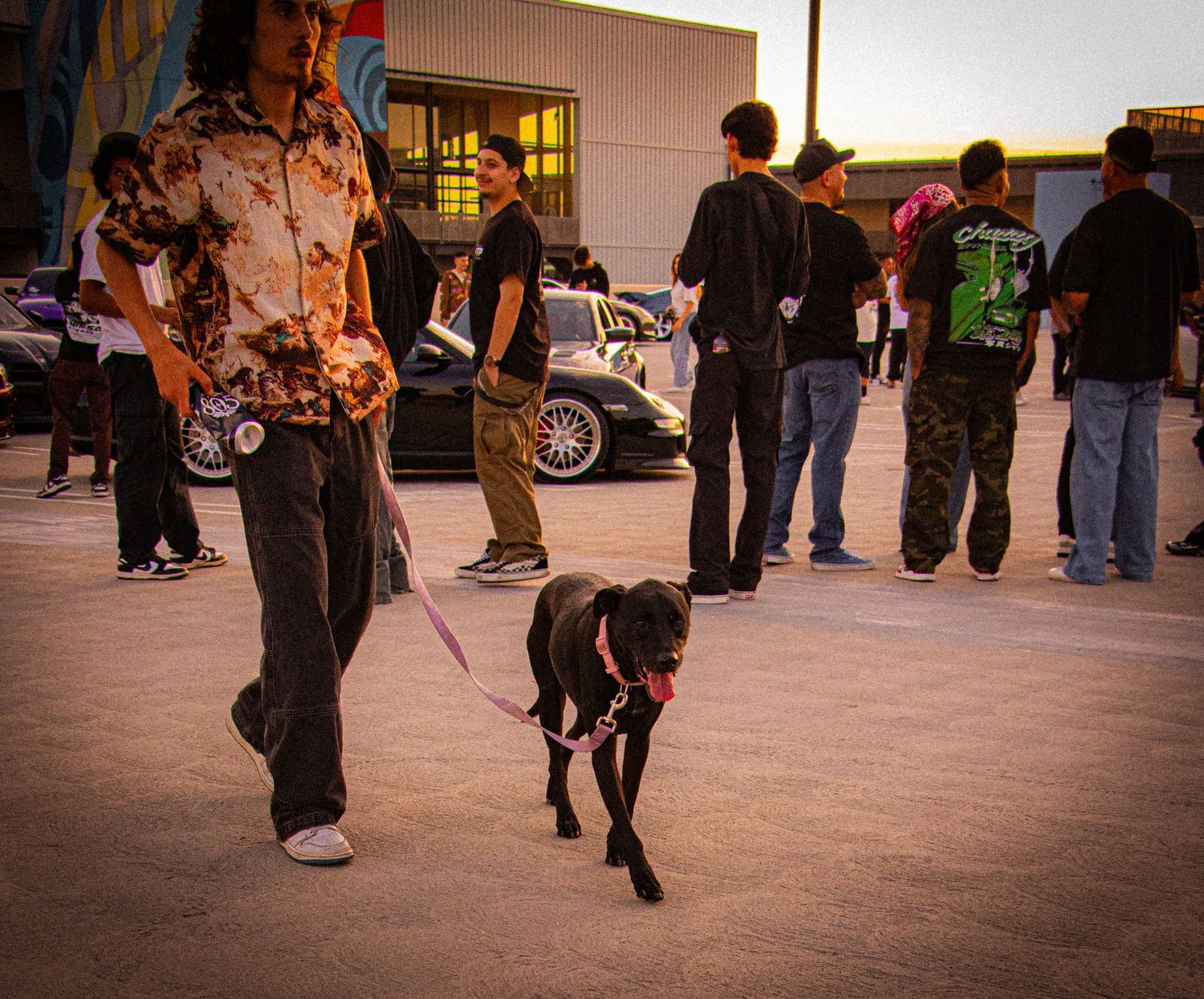 Man walking a black dog on a pink leash at an outdoor gathering with people standing in the background.