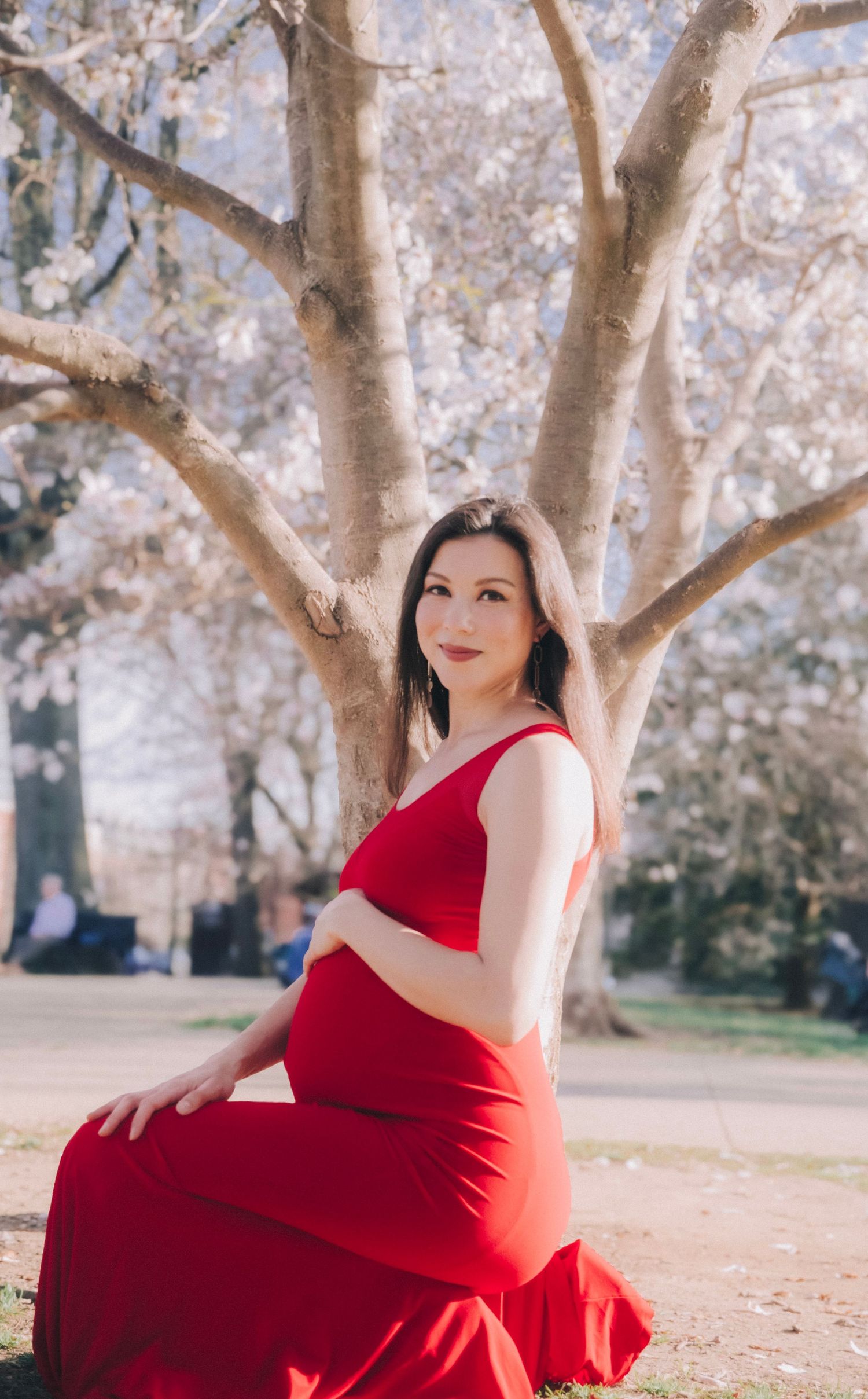 Elegant maternity portraits in a flowing red dress surrounded by spring blossoms.