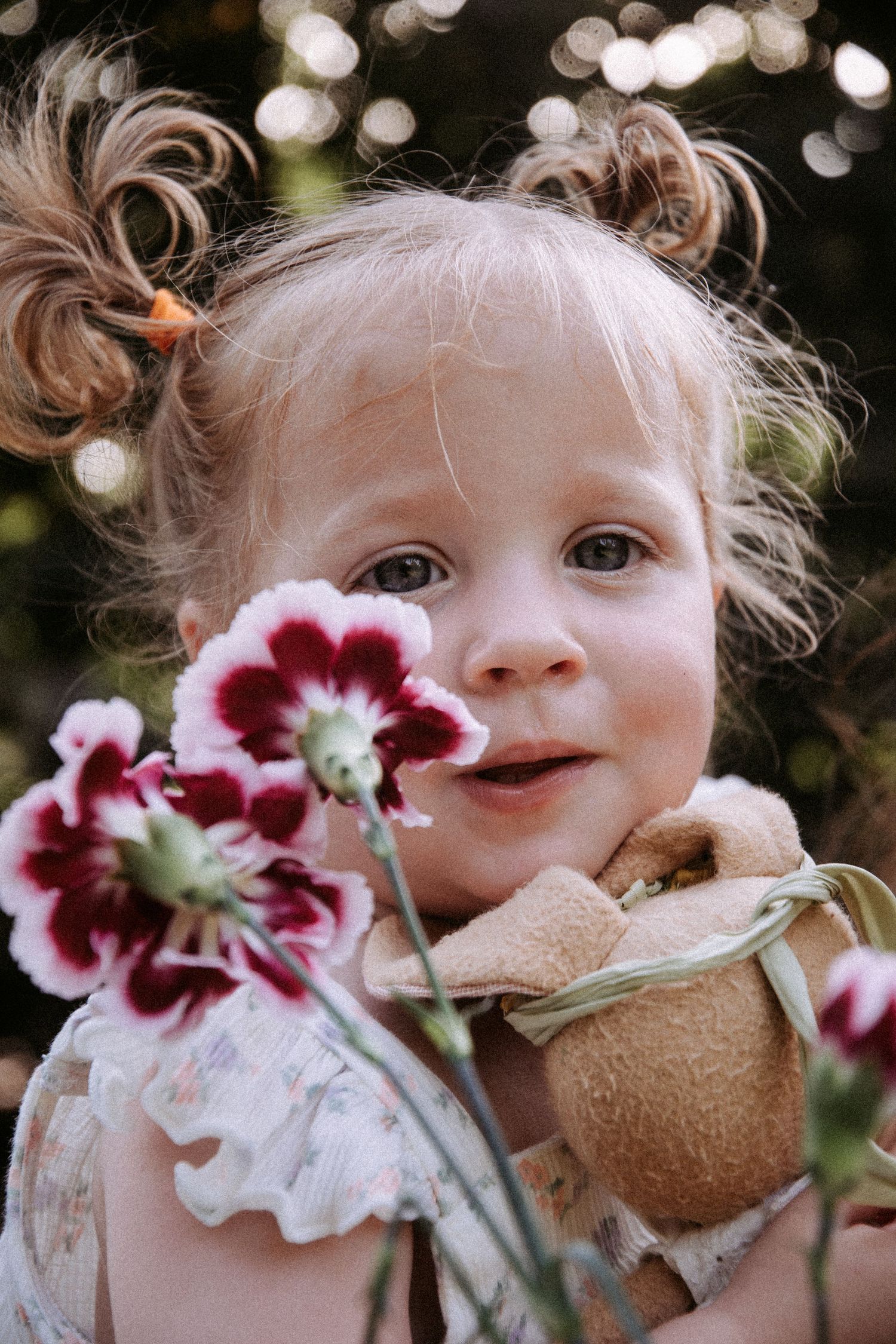 A toddler girl with pigtails holds a teddy bear near pink and burgundy flowers outdoors.