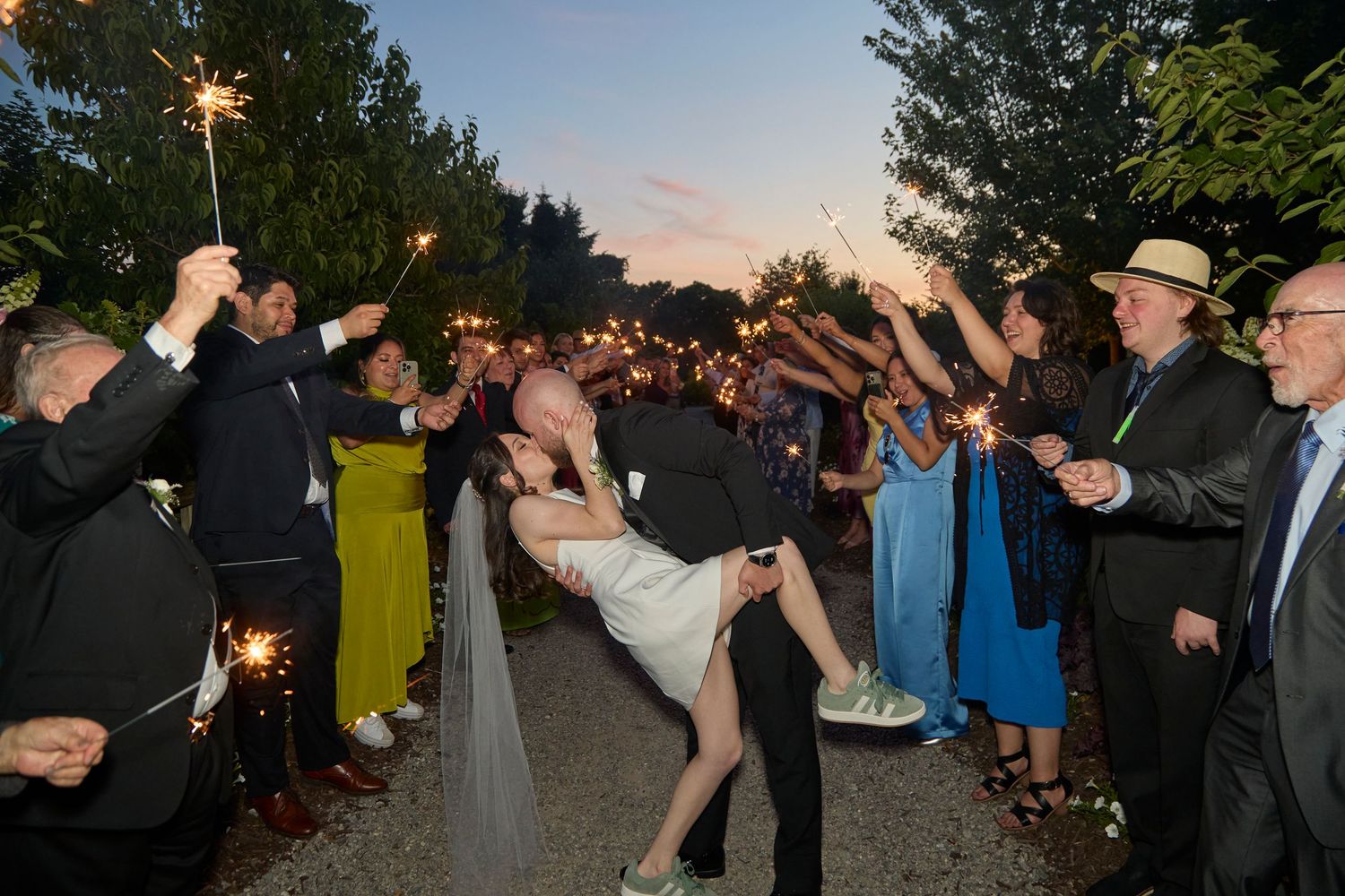 Sparkler exit of bride and groom at wedding.