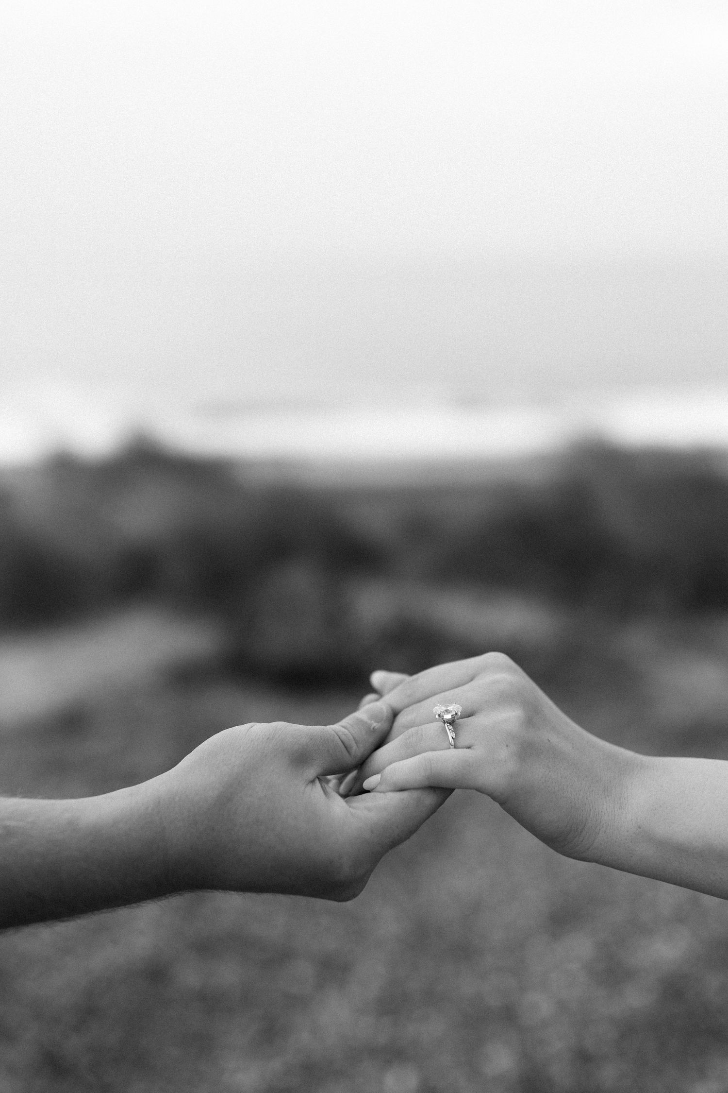 Two hands clasped together in a black and white image with a blurred natural landscape in the background.