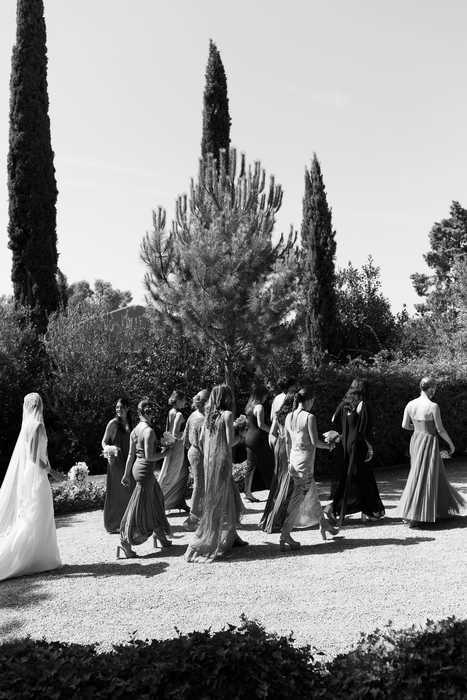 A group of people dressed in formal attire walking in a garden with tall trees and plants.