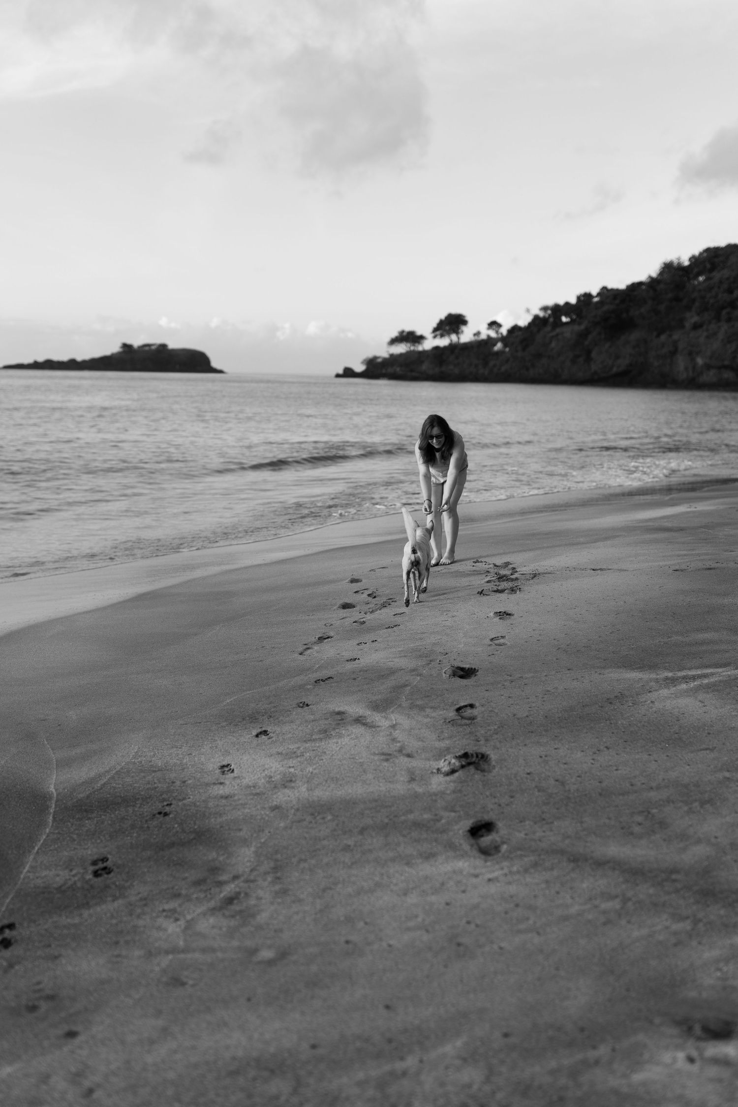 A person walking alone on a beach, leaving footprints in the sand, with a rocky coastline and trees in the background.