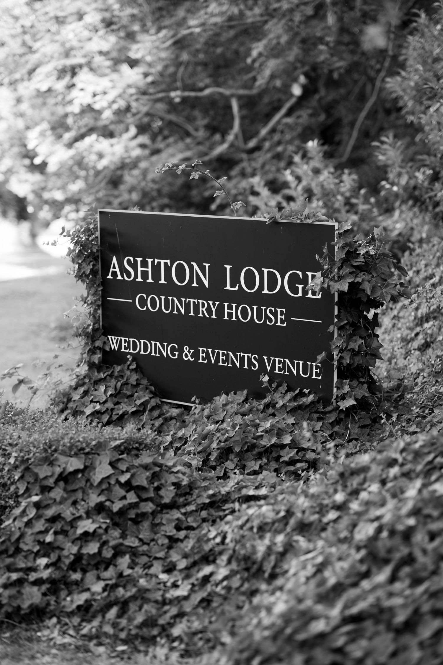 Black and white sign for Ashton Lodge Country House Wedding & Events Venue surrounded by lush green ivy and foliage.