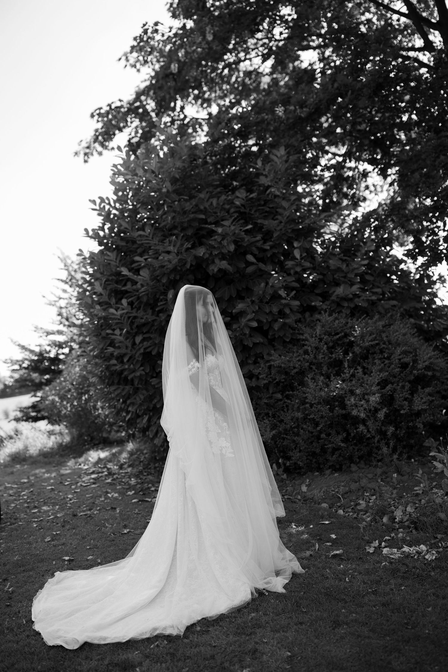 Black and white photo of a bride in a flowing wedding dress and long veil standing outdoors near lush green trees.