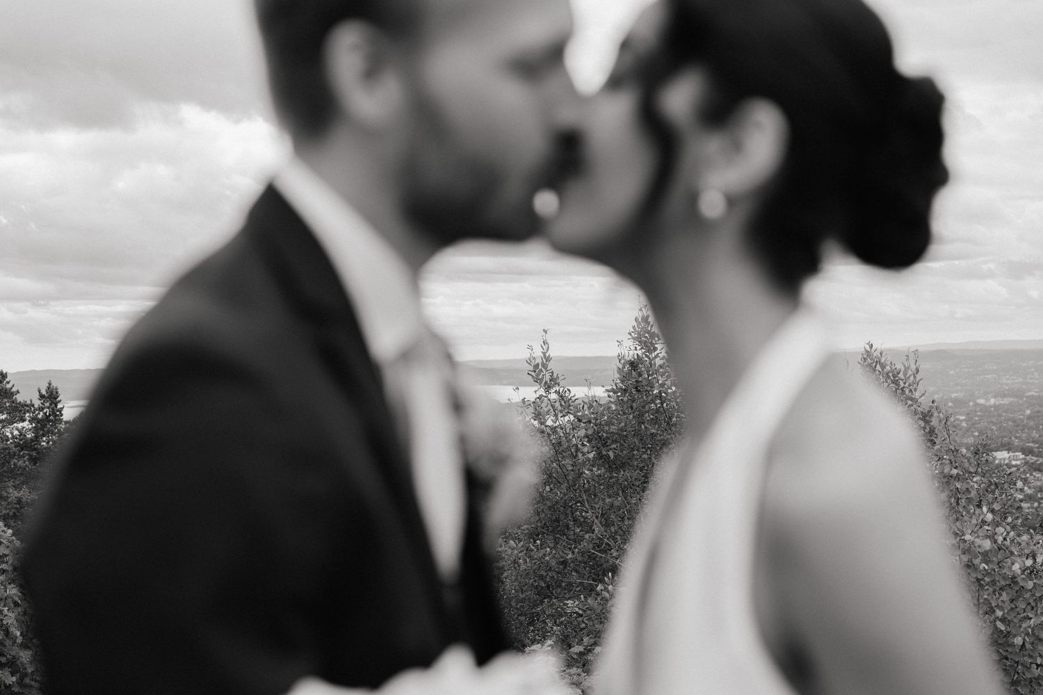 Black and white photo of a couple sharing a kiss at their wedding with a scenic outdoor backdrop.