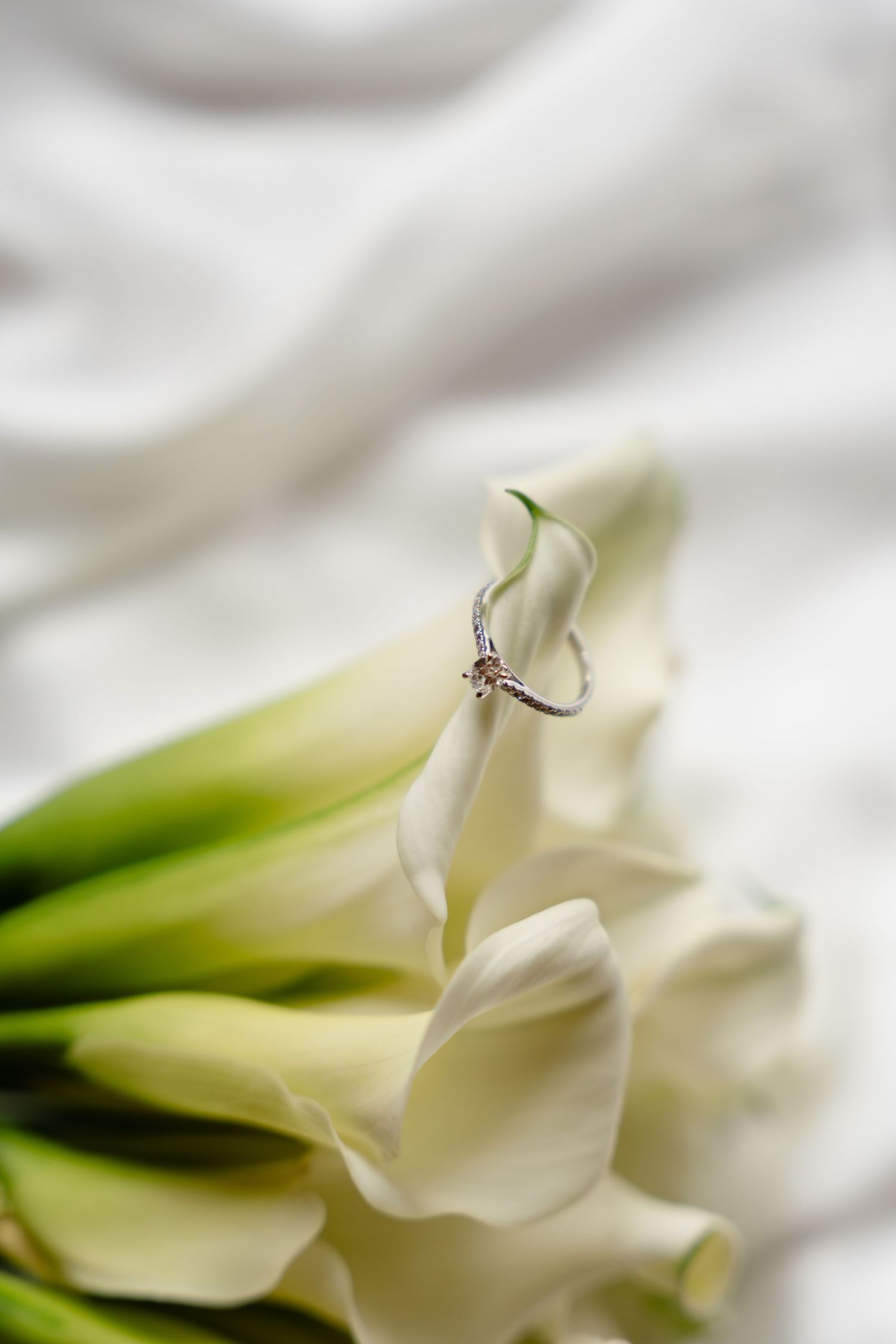 Diamond engagement ring resting on white calla lily bouquet against soft white fabric backdrop.