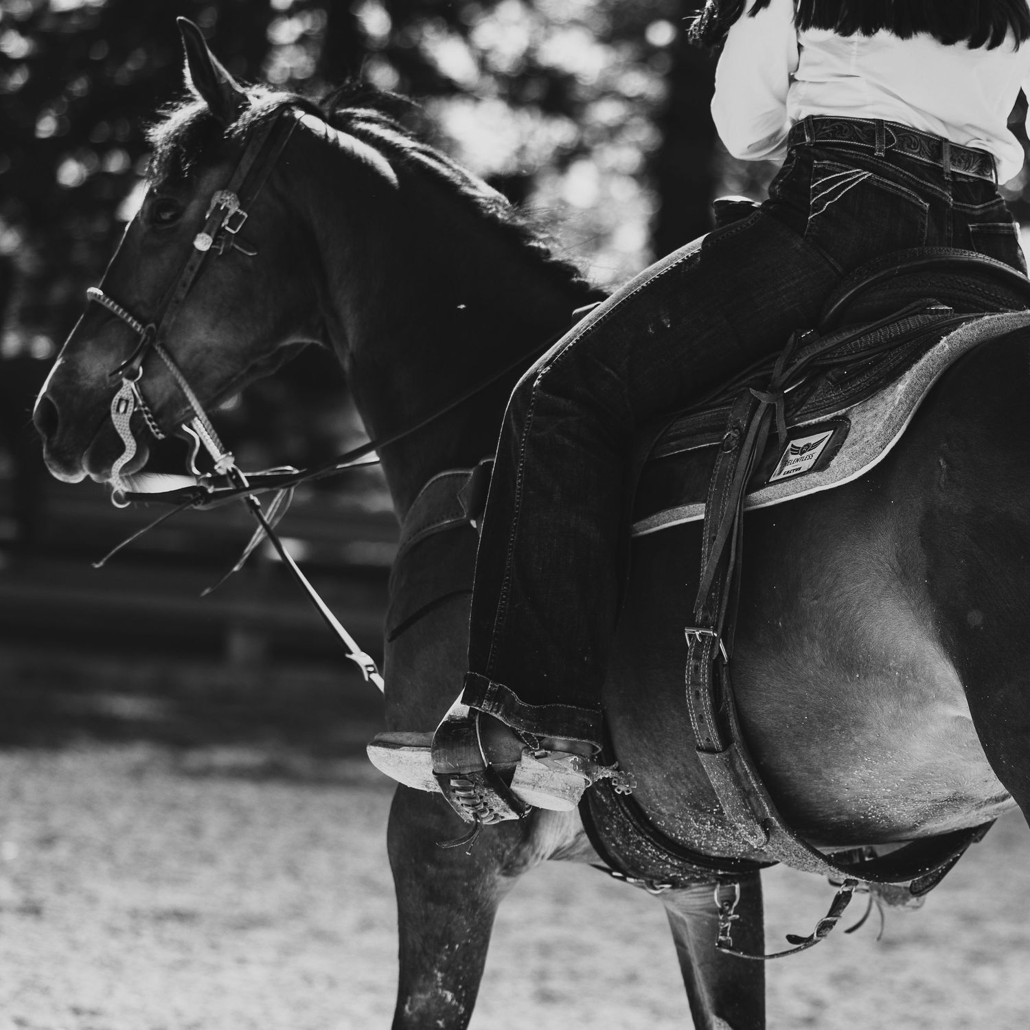 Black and white photo of a rider on a dark horse with Western saddle and bridle in an outdoor arena.