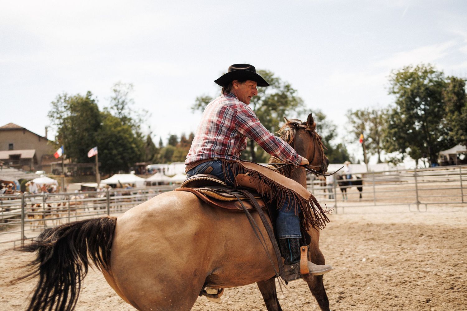 A cowboy riding a brown horse in a rodeo arena, wearing a plaid shirt and black hat on a sunny day.