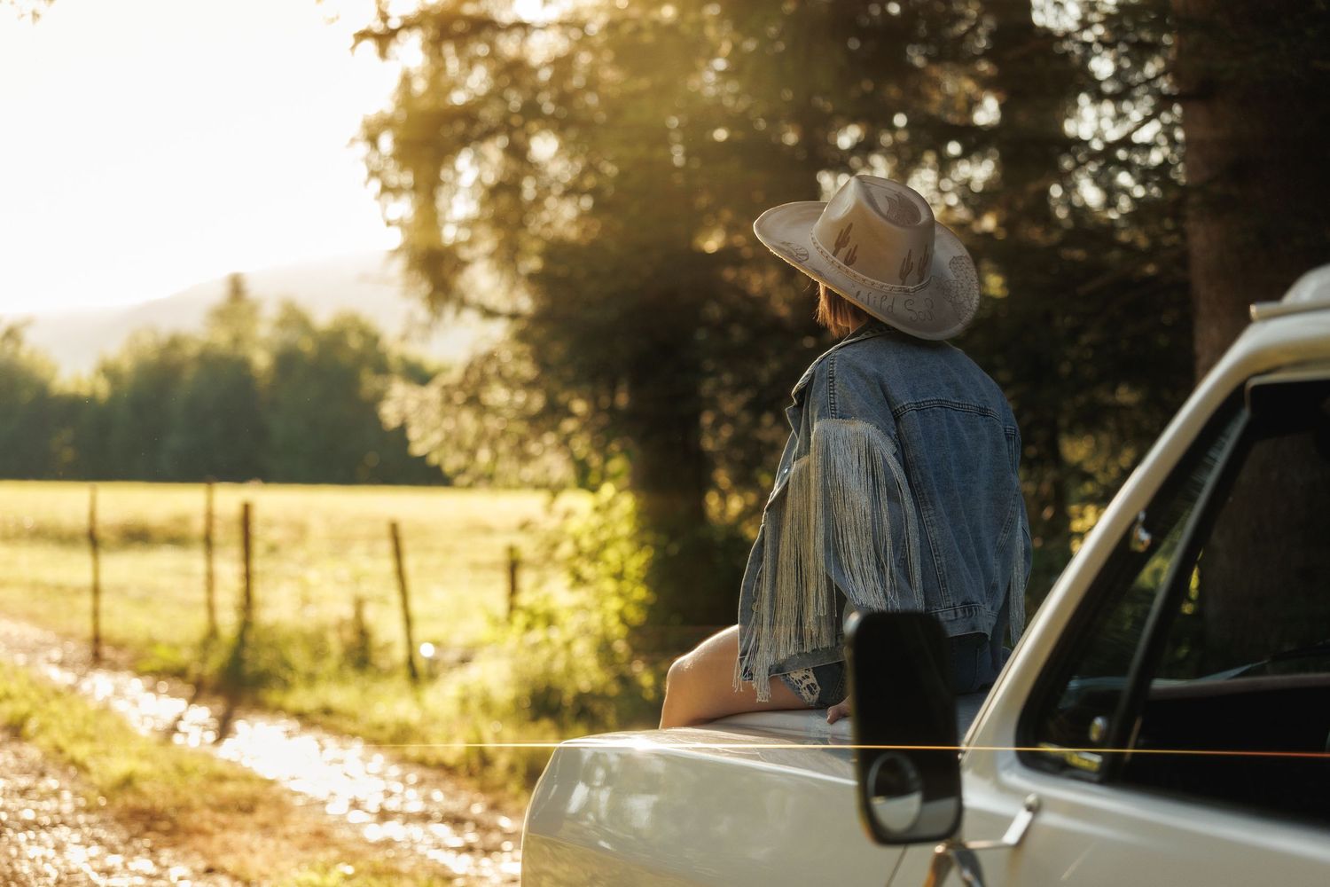 Person in cowboy hat and denim jacket leaning against white truck, overlooking sunny rural field with trees.