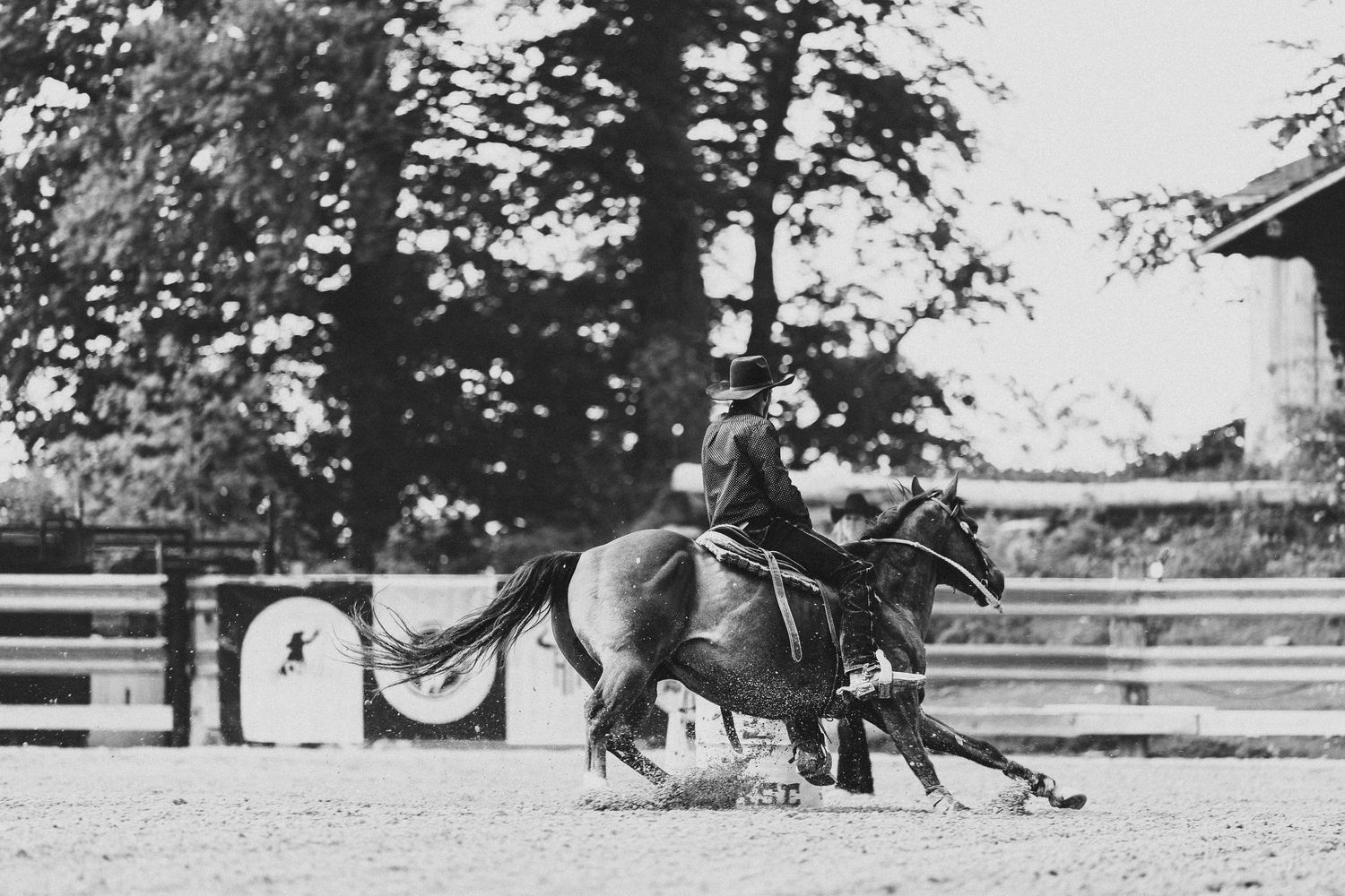 Black and white photo of a rider on a trotting horse in an outdoor dressage arena with trees in background.