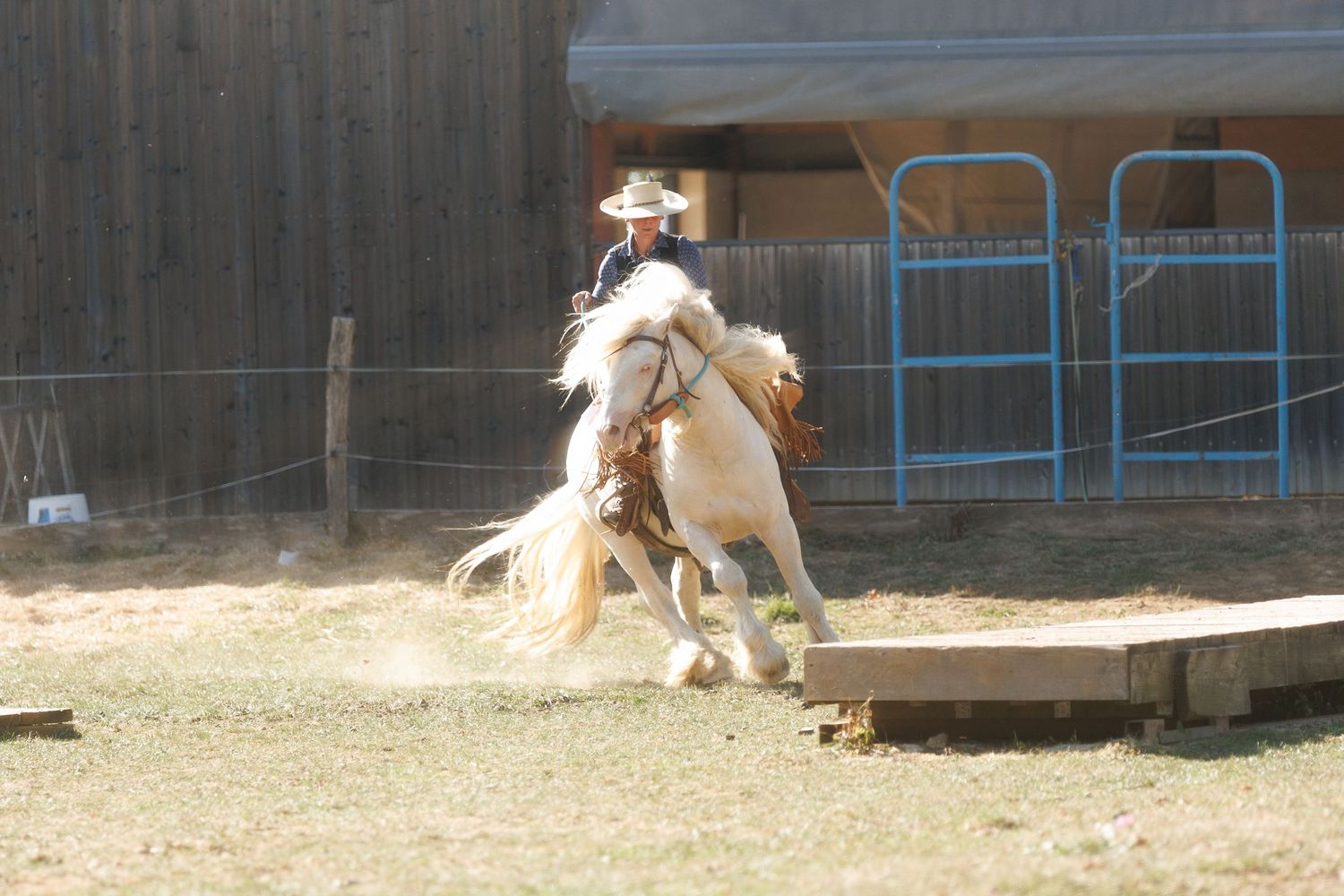 Cowboy riding a palomino horse with flowing mane in a dusty ranch arena near wooden fence.