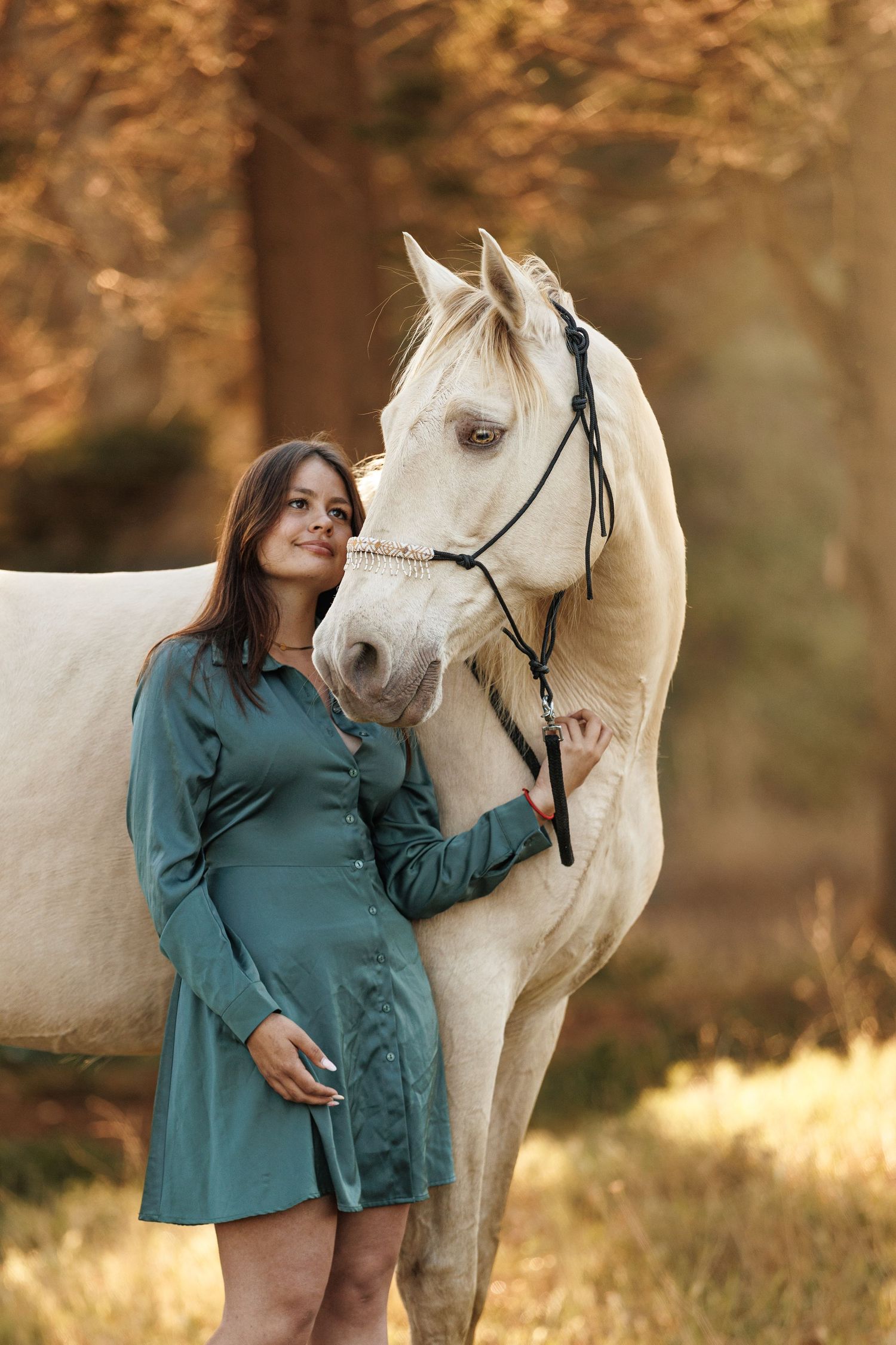 A young woman in a teal dress stands beside a white horse in a sunlit autumn forest setting.
