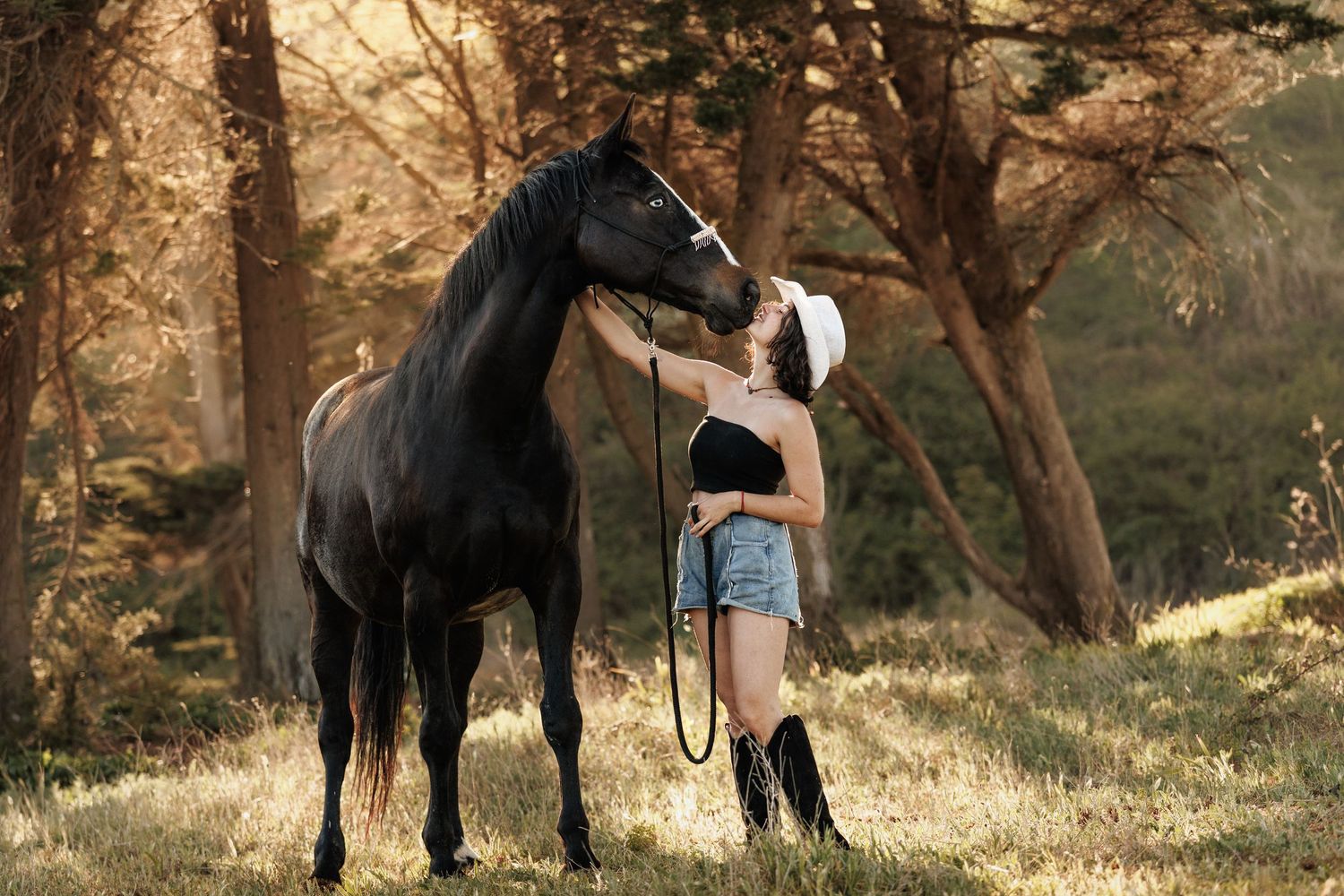 Young woman in cowboy hat and boots affectionately nuzzling a black horse in a sunlit forest clearing.