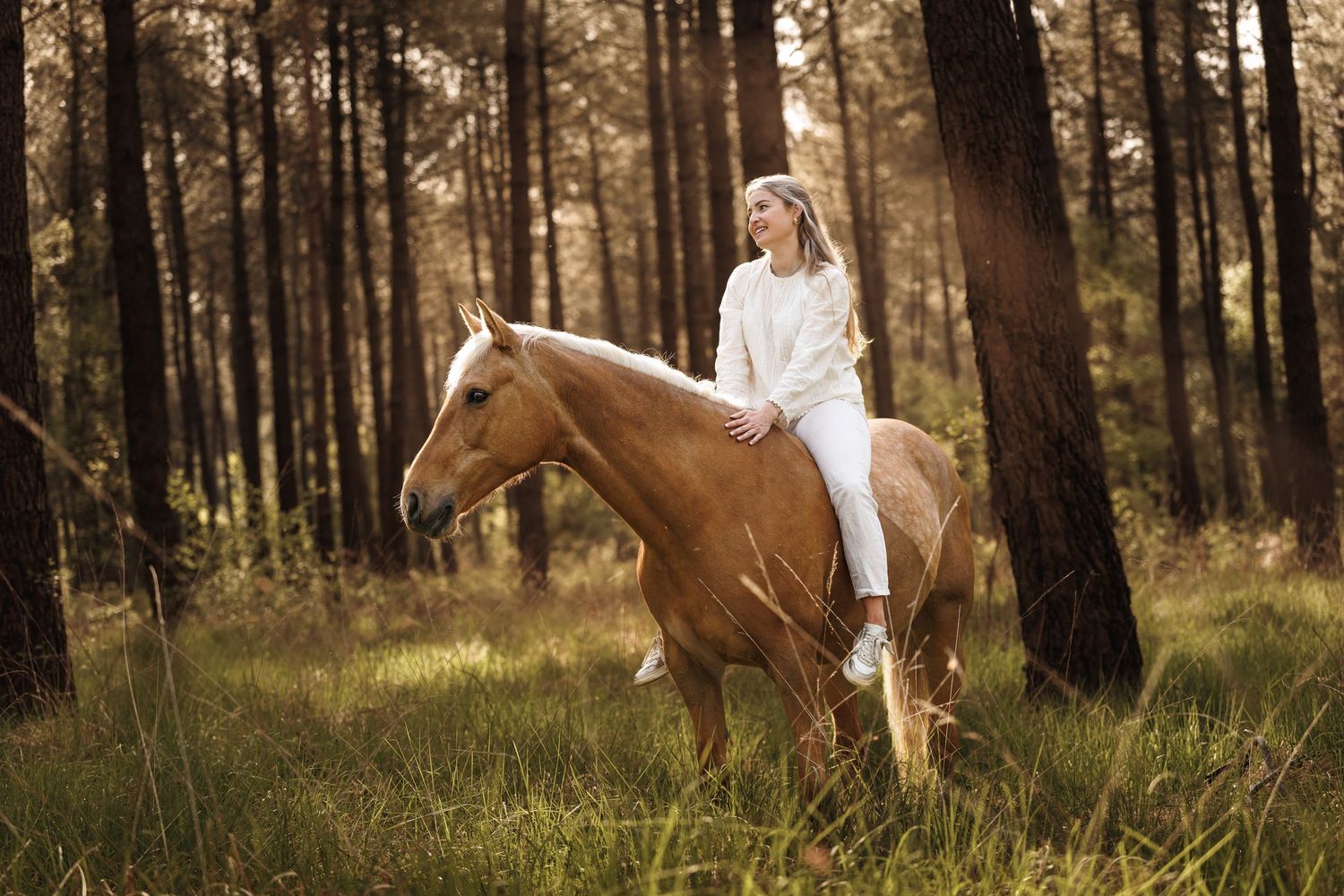 Blonde woman in white outfit riding a palomino horse through a sunlit forest with tall pine trees.