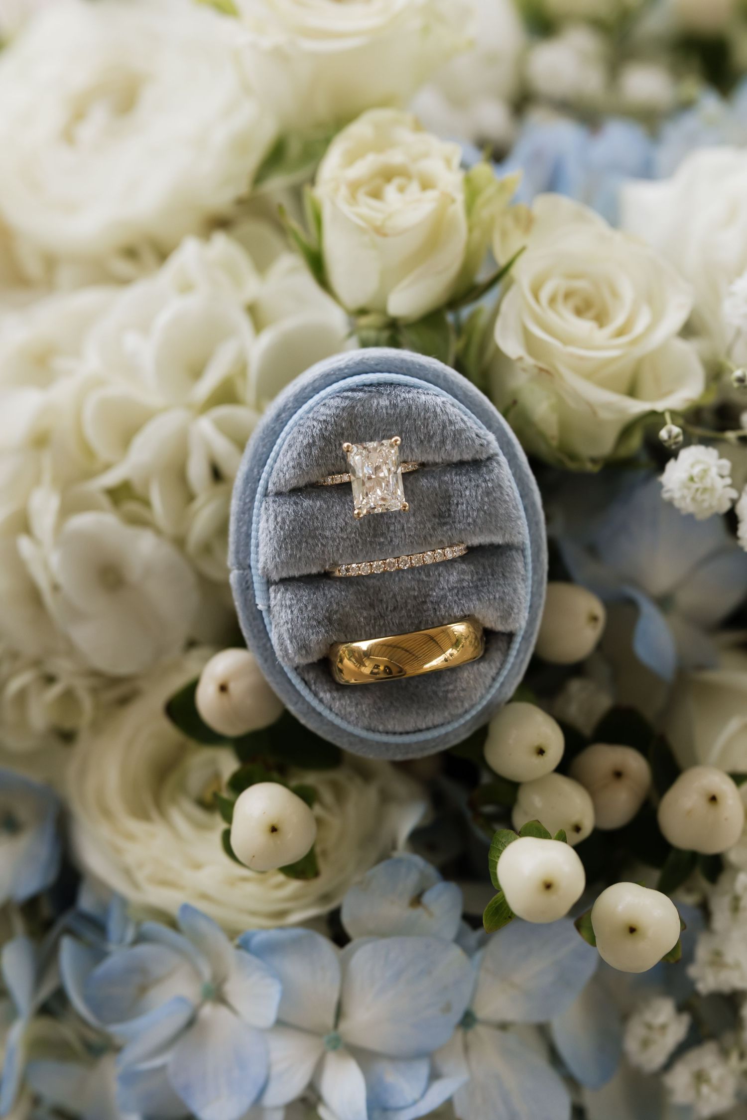 Three wedding rings displayed in a gray velvet oval box surrounded by white roses and blue hydrangeas.
