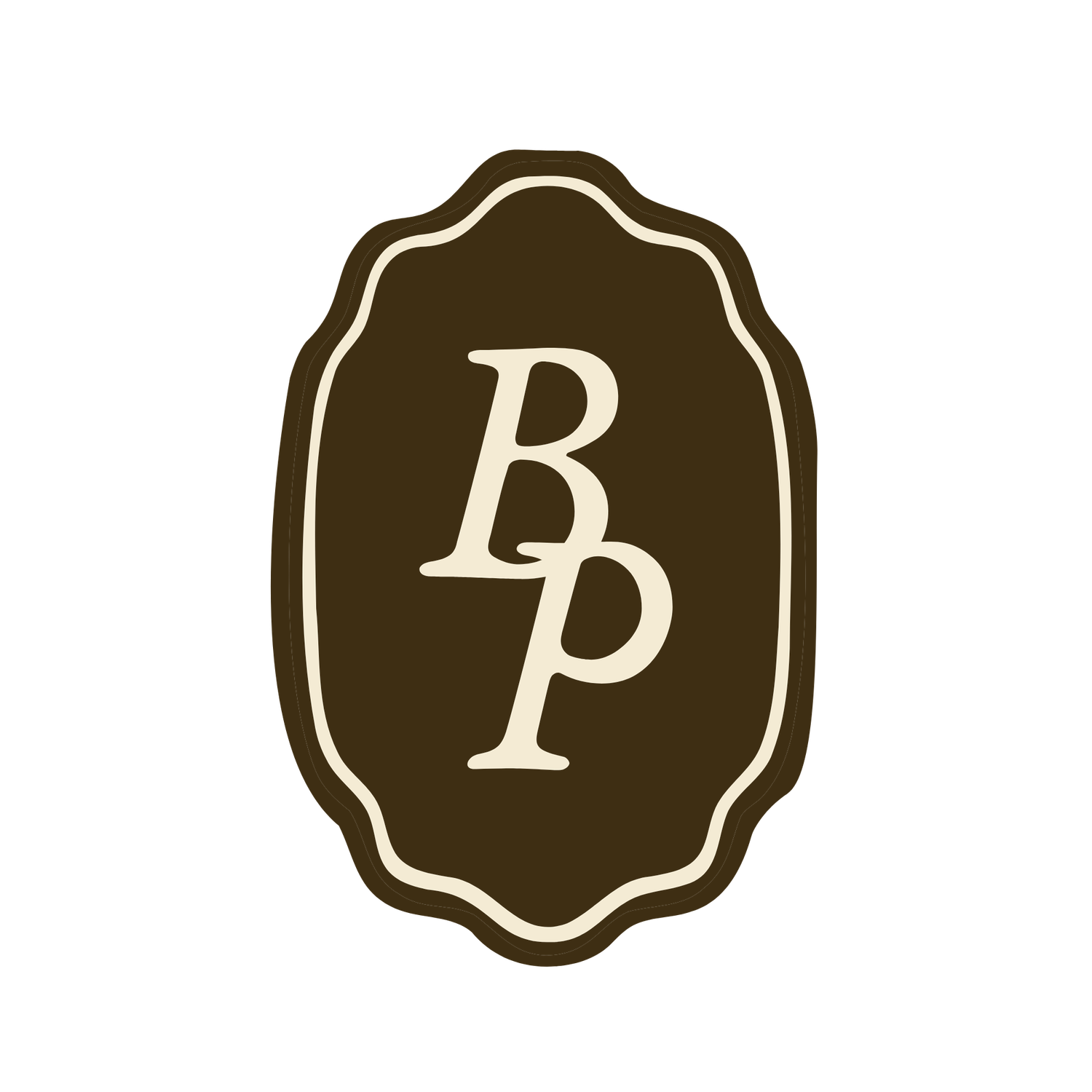 Brown oval logo with decorative border featuring elegant BP monogram initials.