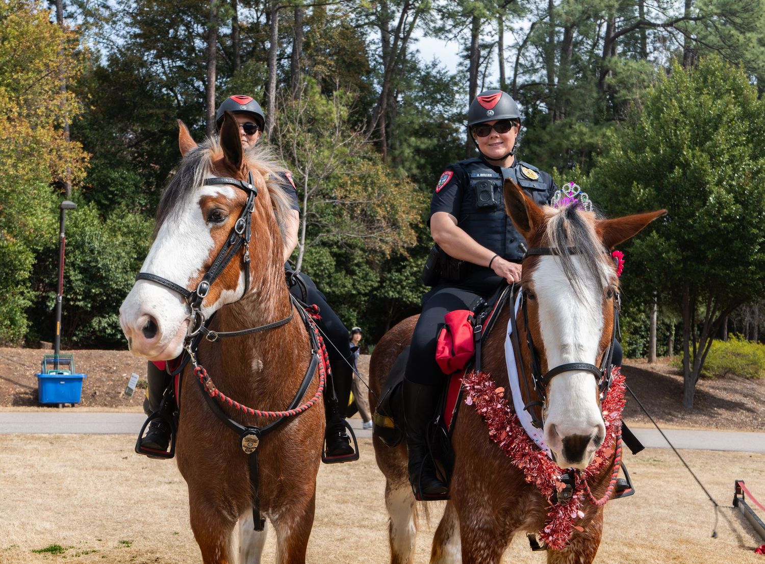 Two mounted police officers on decorated horses smile during an outdoor community event.