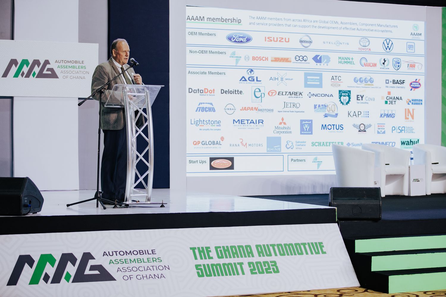 Speaker presenting AAM membership slide at The Ghana Automotive Summit 2023.
