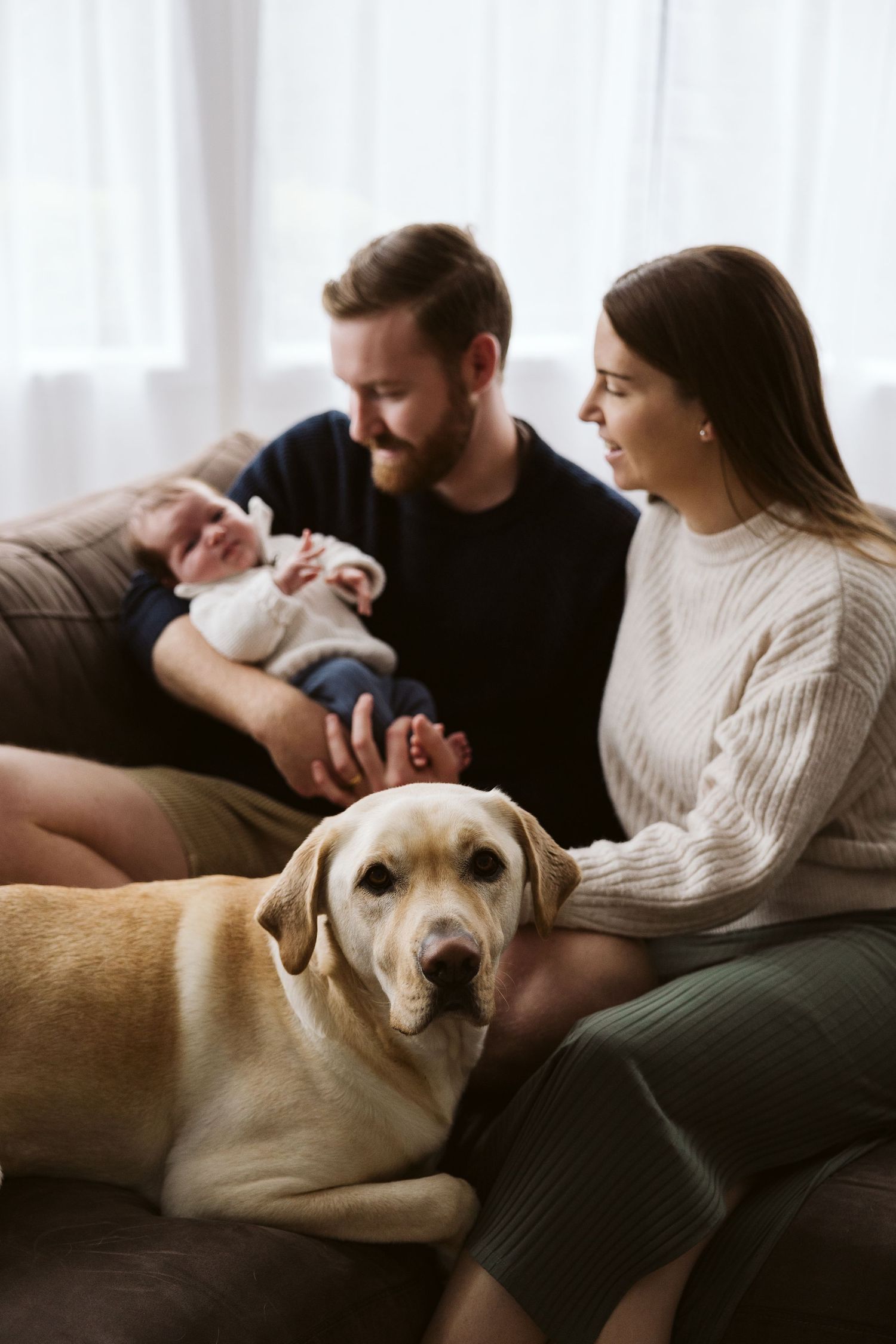 Family with bearded father, mother, newborn baby, and yellow Labrador on sofa.