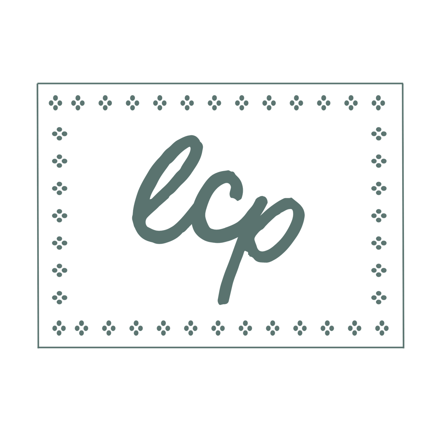 Elegant LCP monogram logo in sage green cursive script with decorative dotted border on white background.