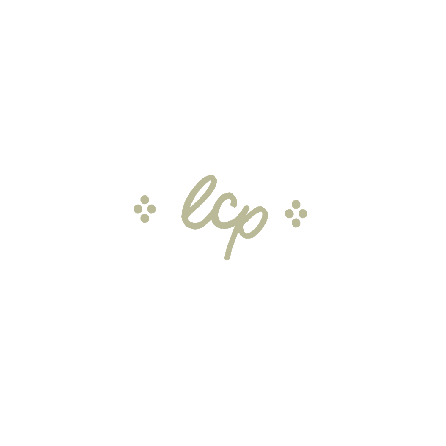 Minimalist sage green logo with elegant cursive letters lcp and decorative dot accents.