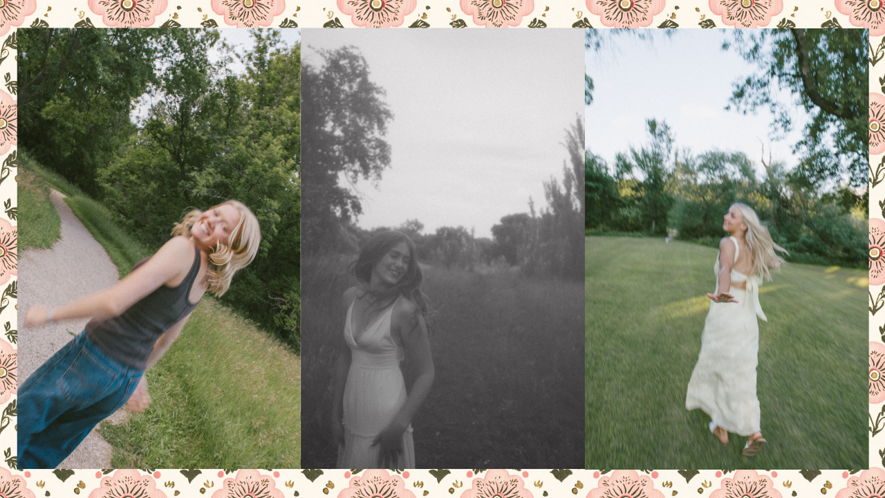 A triptych of a blonde woman posing outdoors in a lush green garden, wearing casual and elegant outfits.