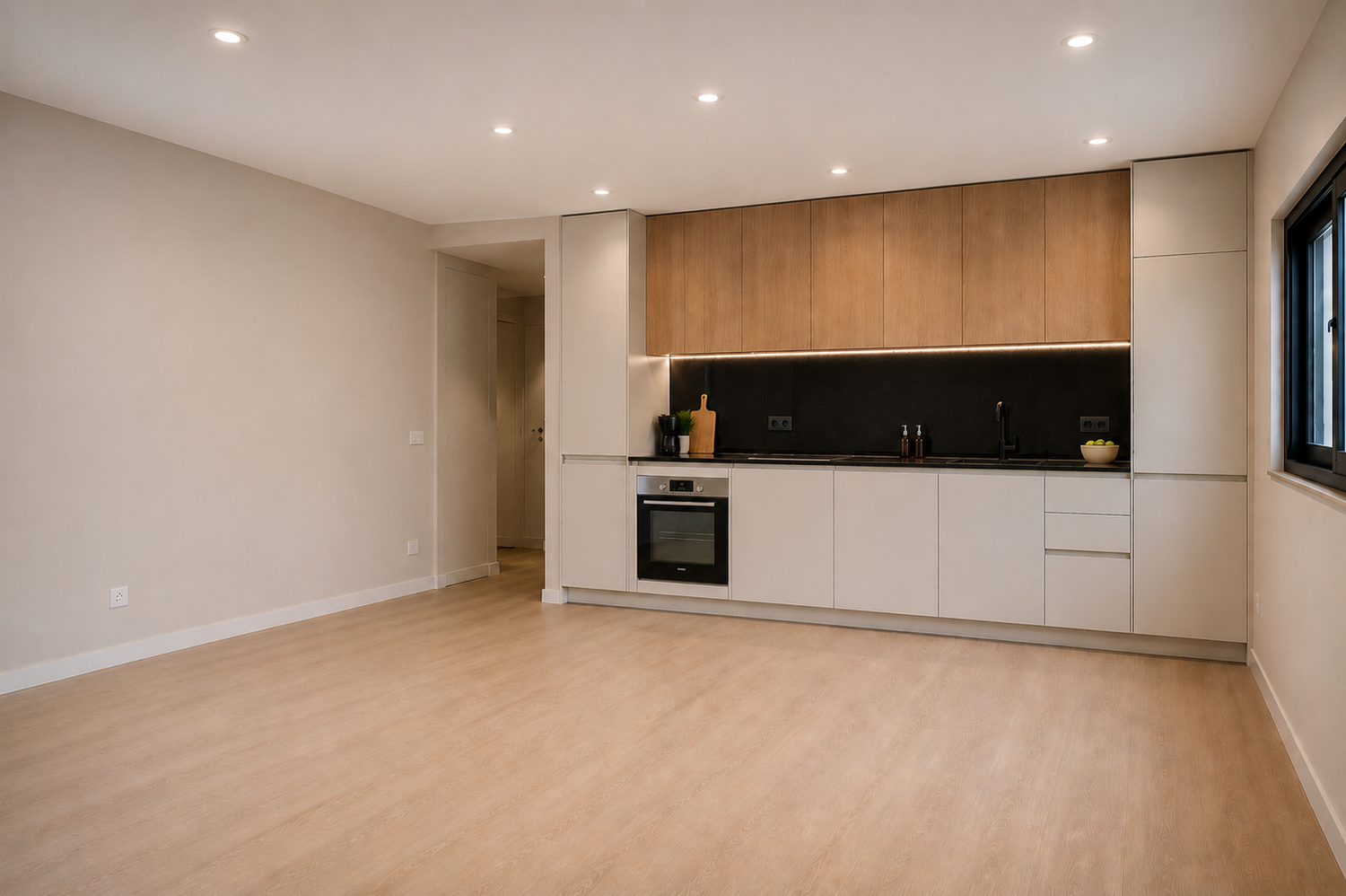 Modern open-plan kitchen with timber cabinetry, black splashback, stainless steel oven, and light hardwood floors.